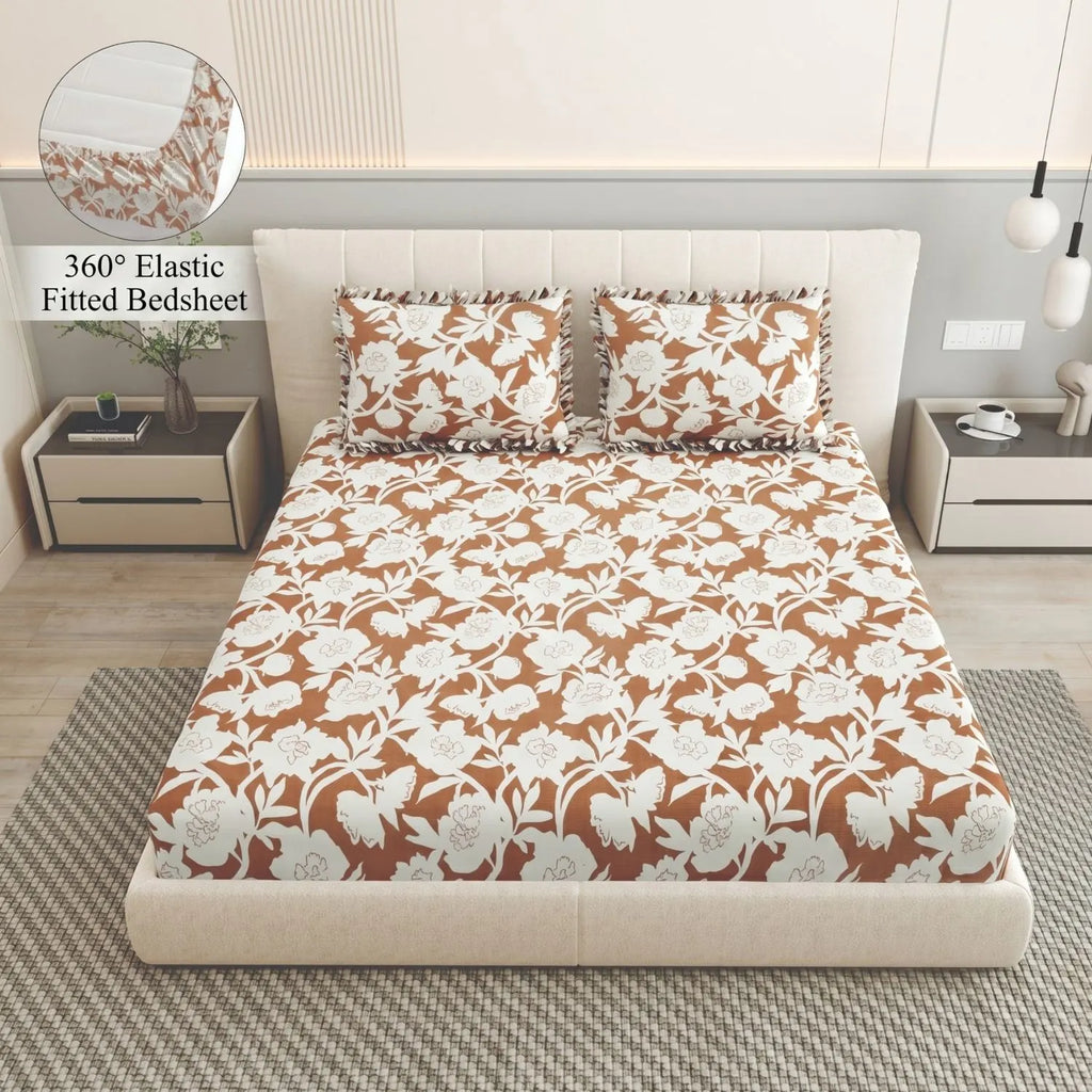 Dream Weaverz Home Polycotton King Fitted (Elastic) 260 TC Floral 1 Bedsheet (Brown-White)