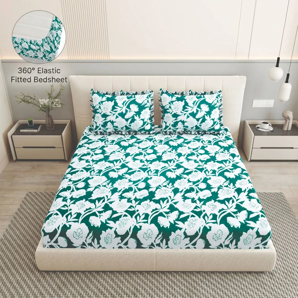 Dream Weaverz Home Polycotton King Fitted (Elastic) 260 TC Floral 1 Bedsheet (Green-White)