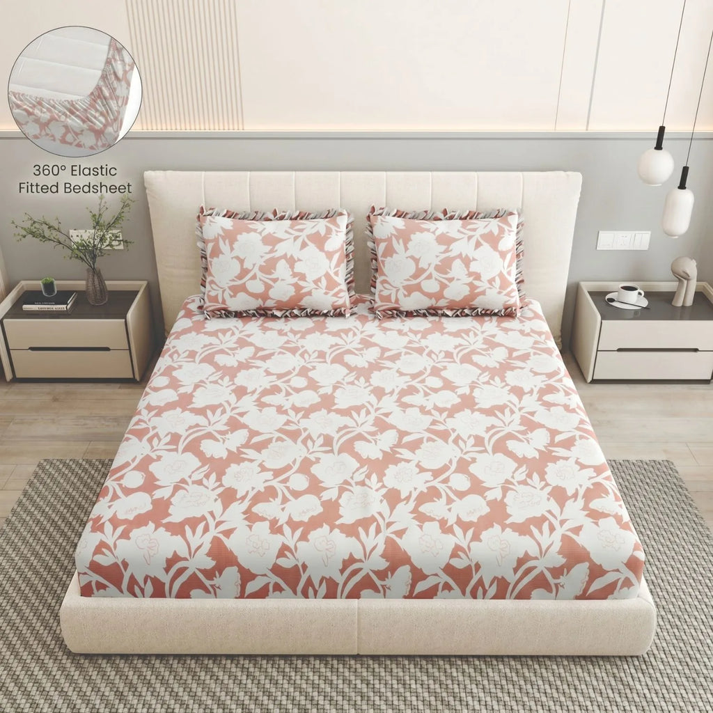 Dream Weaverz Home Polycotton King Fitted (Elastic) 260 TC Floral 1 Bedsheet (Peach-White)