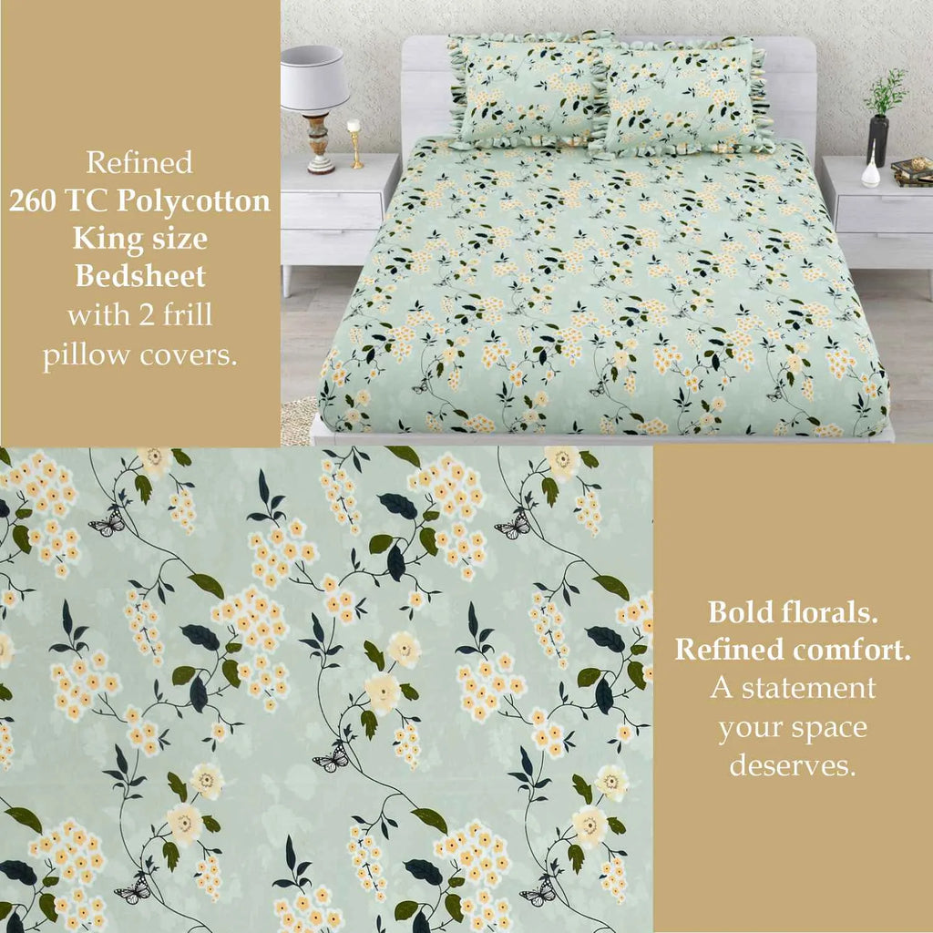 Dream Weaverz Home Polycotton Double Fitted (Elastic) 260 TC Floral 1 Bedsheet with 2 Pillow Covers (Green)