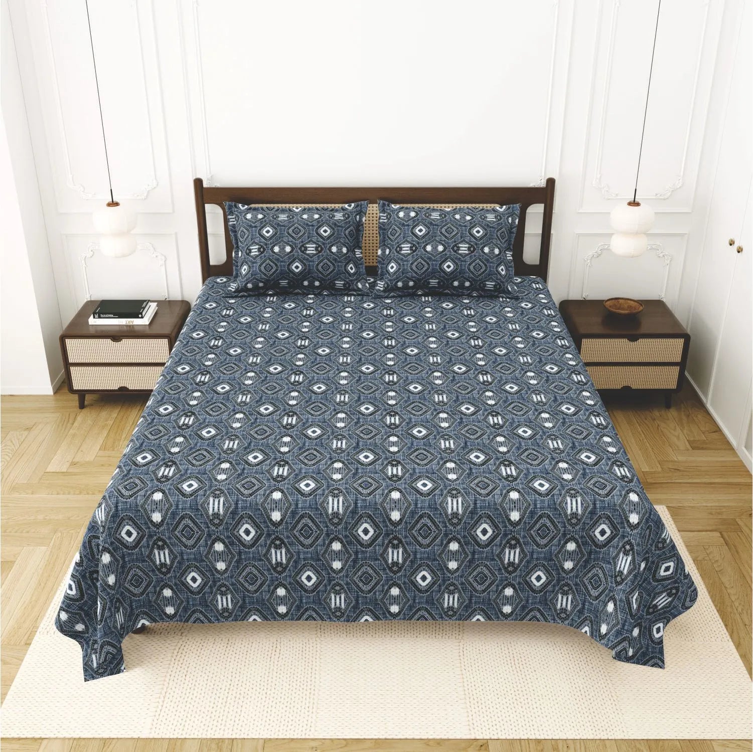 Dream Weaverz Cotton King Flat 220 TC Abstract 1 Bedsheet with 2 Pillow Covers (Grey-white)