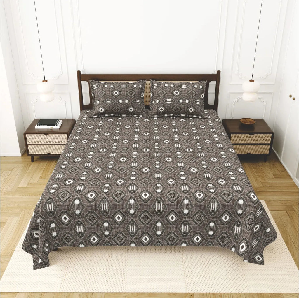 Dream Weaverz Cotton King Flat 220 TC Abstract 1 Bedsheet with 2 Pillow Covers (Grey-brown)