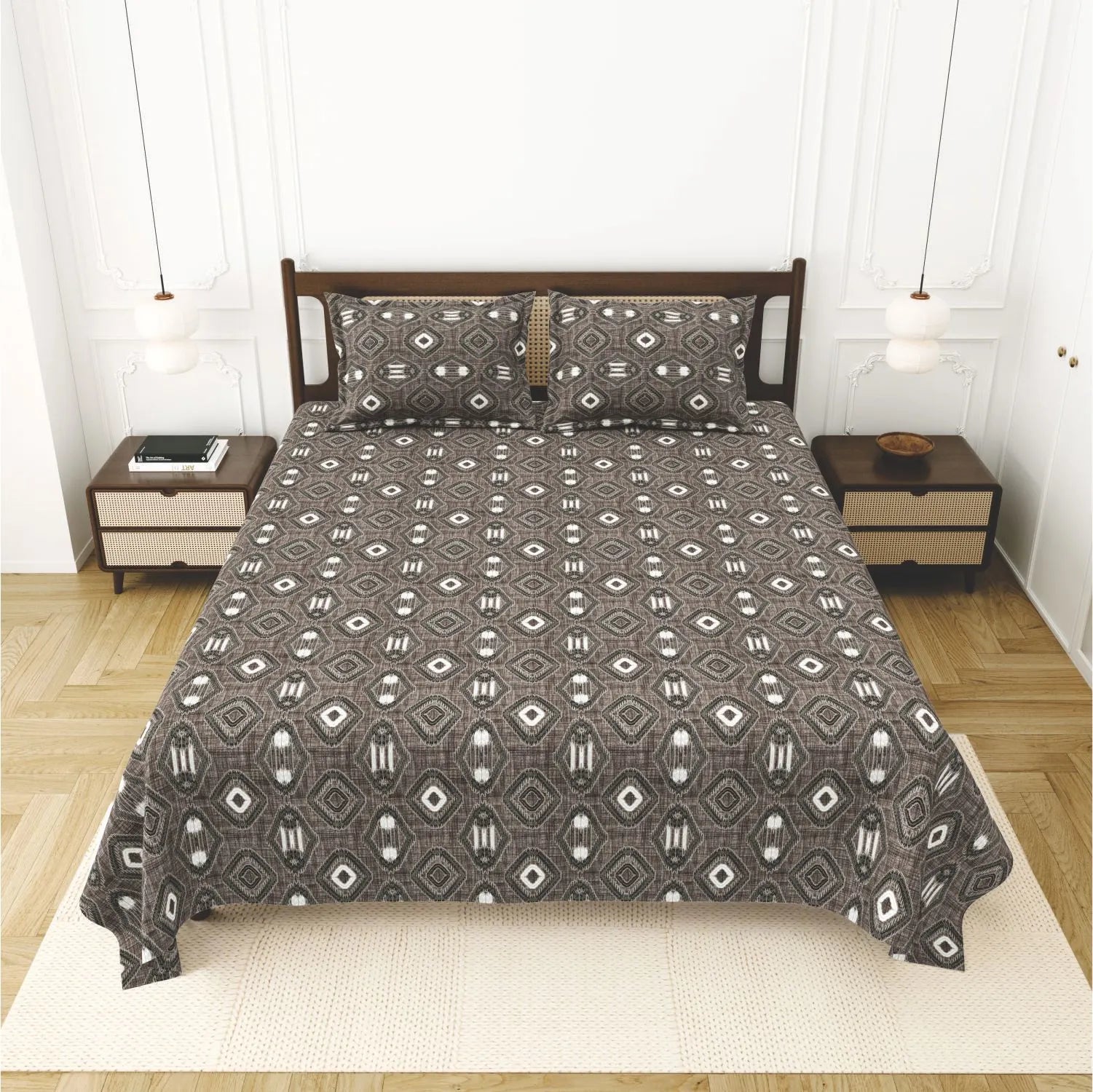 Dream Weaverz Cotton King Flat 220 TC Abstract 1 Bedsheet with 2 Pillow Covers (Grey-brown)