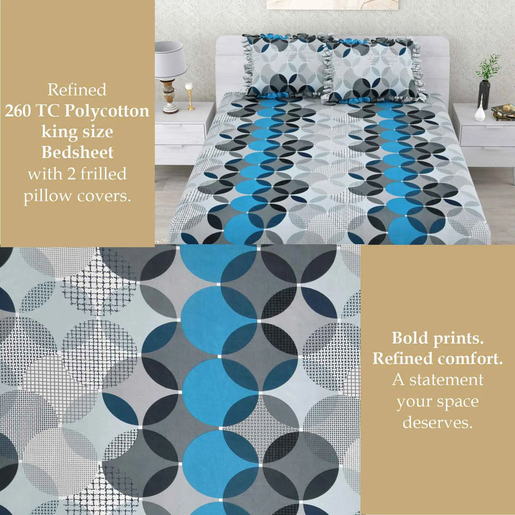 Dream Weaverz Home Polycotton Double Fitted (Elastic) 260 TC Abstract 1 Bedsheet with 2 Pillow Covers (Grey)