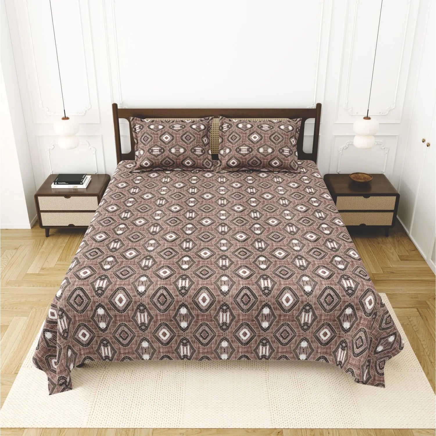 Dream Weaverz Cotton King Flat 220 TC Abstract 1 Bedsheet with 2 Pillow Covers (Brown-white)