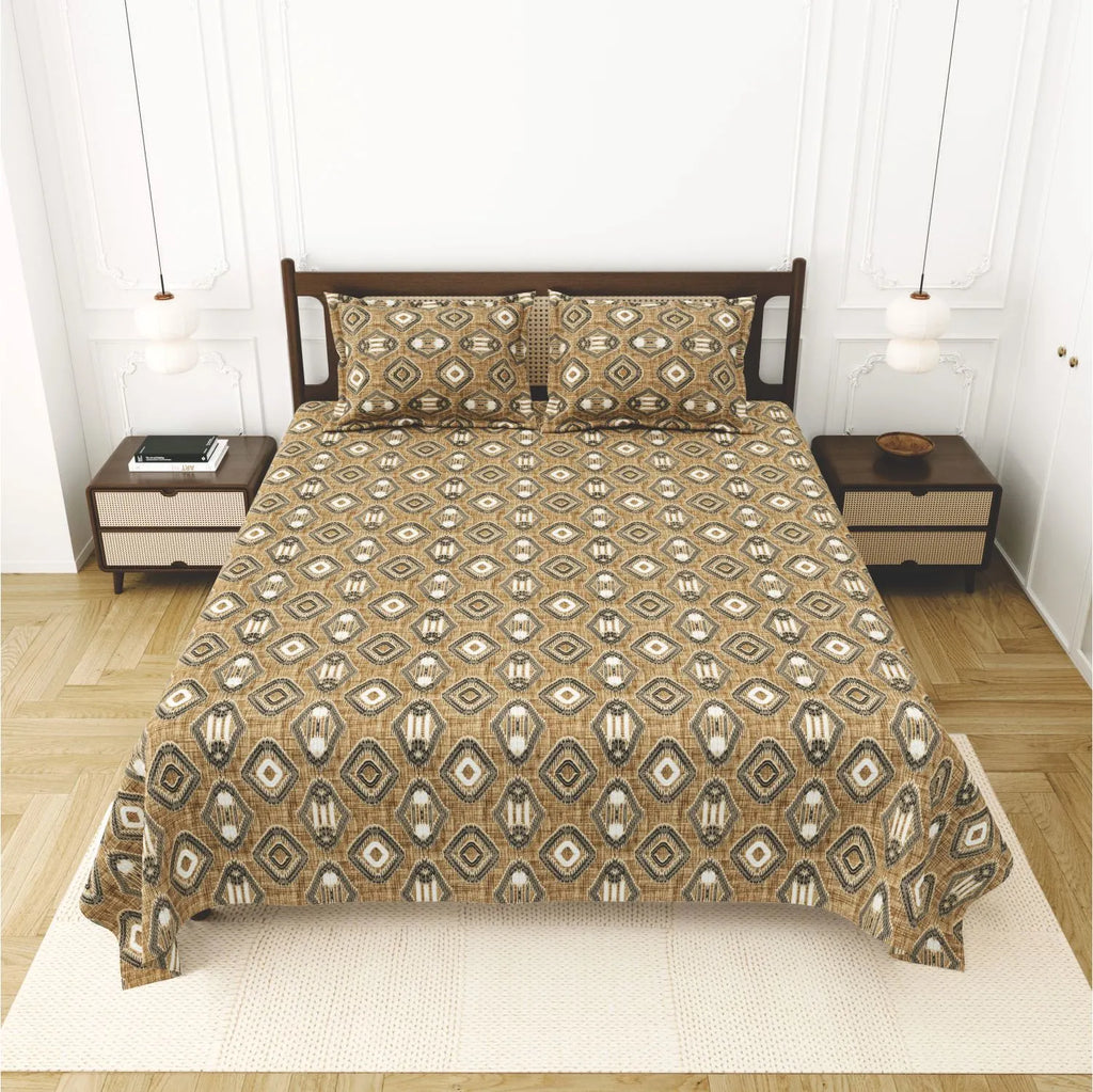 Dream Weaverz Cotton King Flat 220 TC Abstract 1 Bedsheet with 2 Pillow Covers (Mustard)