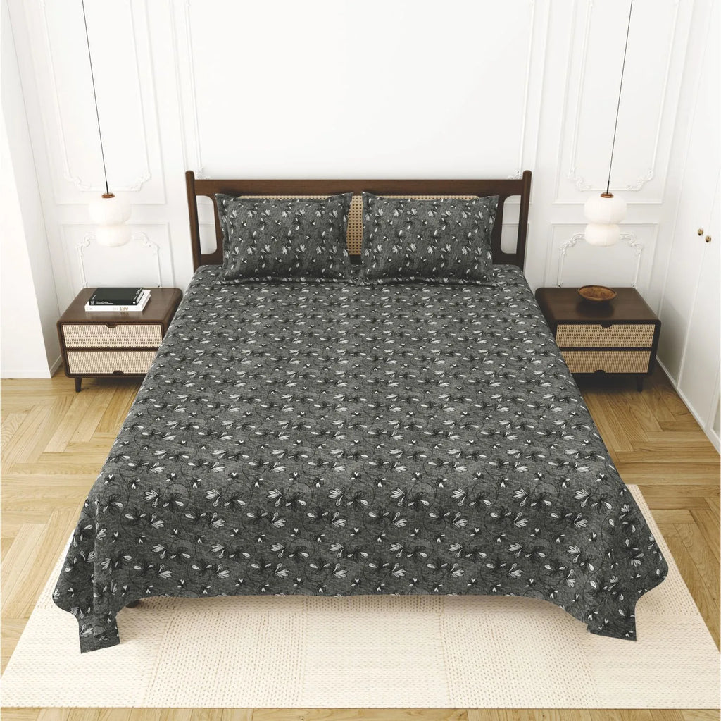 Dream Weaverz Cotton King Flat 220 TC Abstract 1 Bedsheet with 2 Pillow Covers (Charcoal grey)