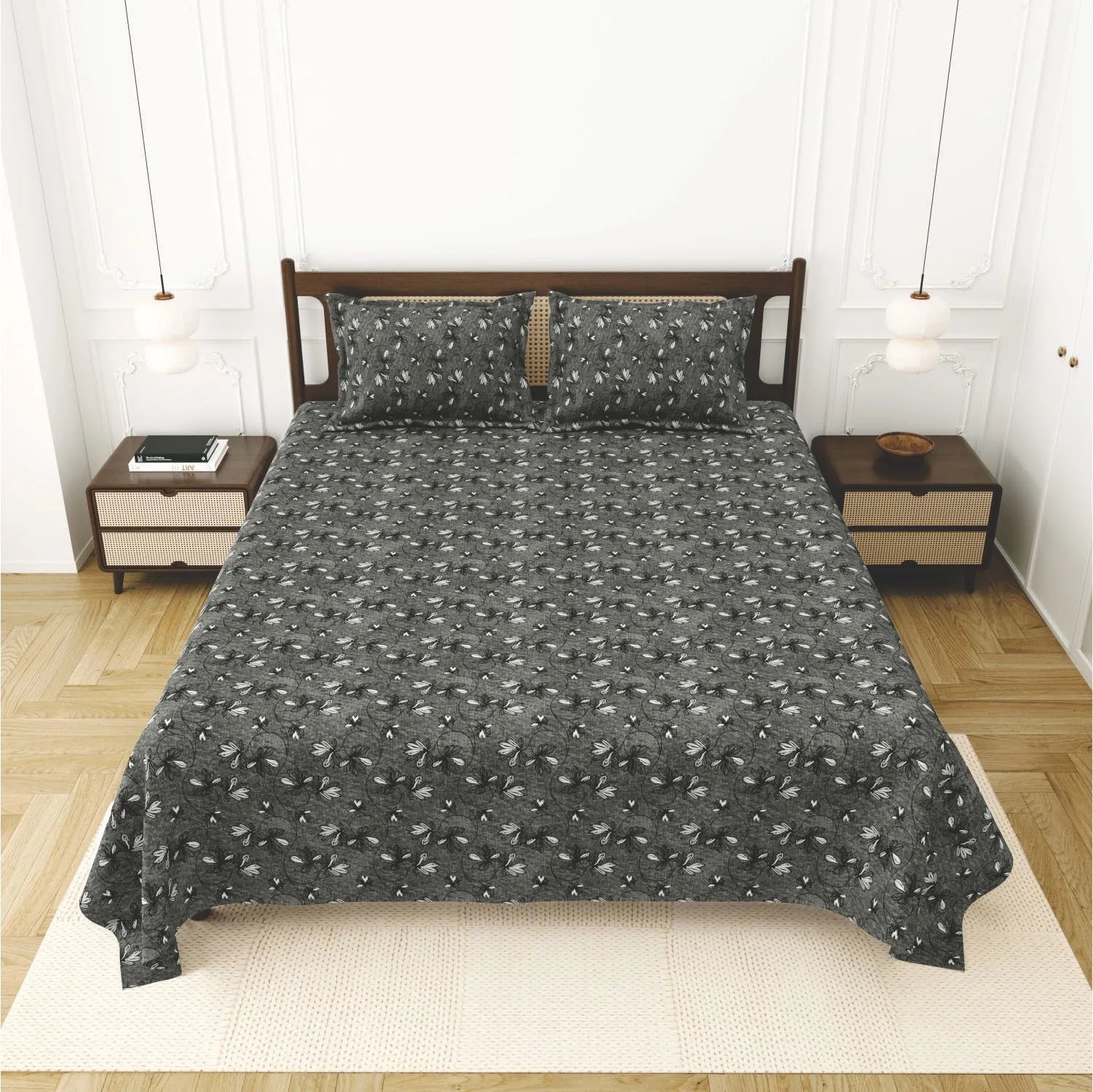 Dream Weaverz Cotton King Flat 220 TC Abstract 1 Bedsheet with 2 Pillow Covers (Charcoal grey)