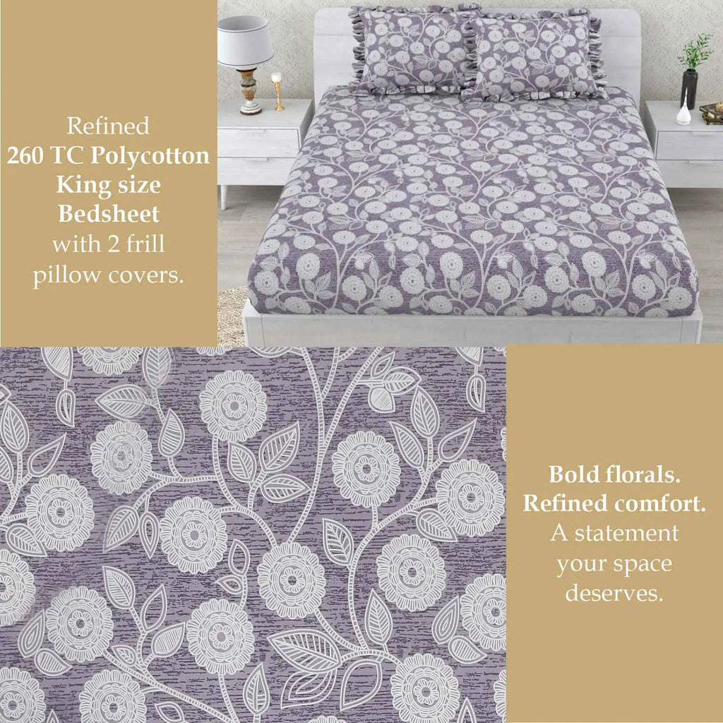 Dream Weaverz Home Polycotton Double Fitted (Elastic) 260 TC Abstract 1 Bedsheet with 2 Pillow Covers (Grey)