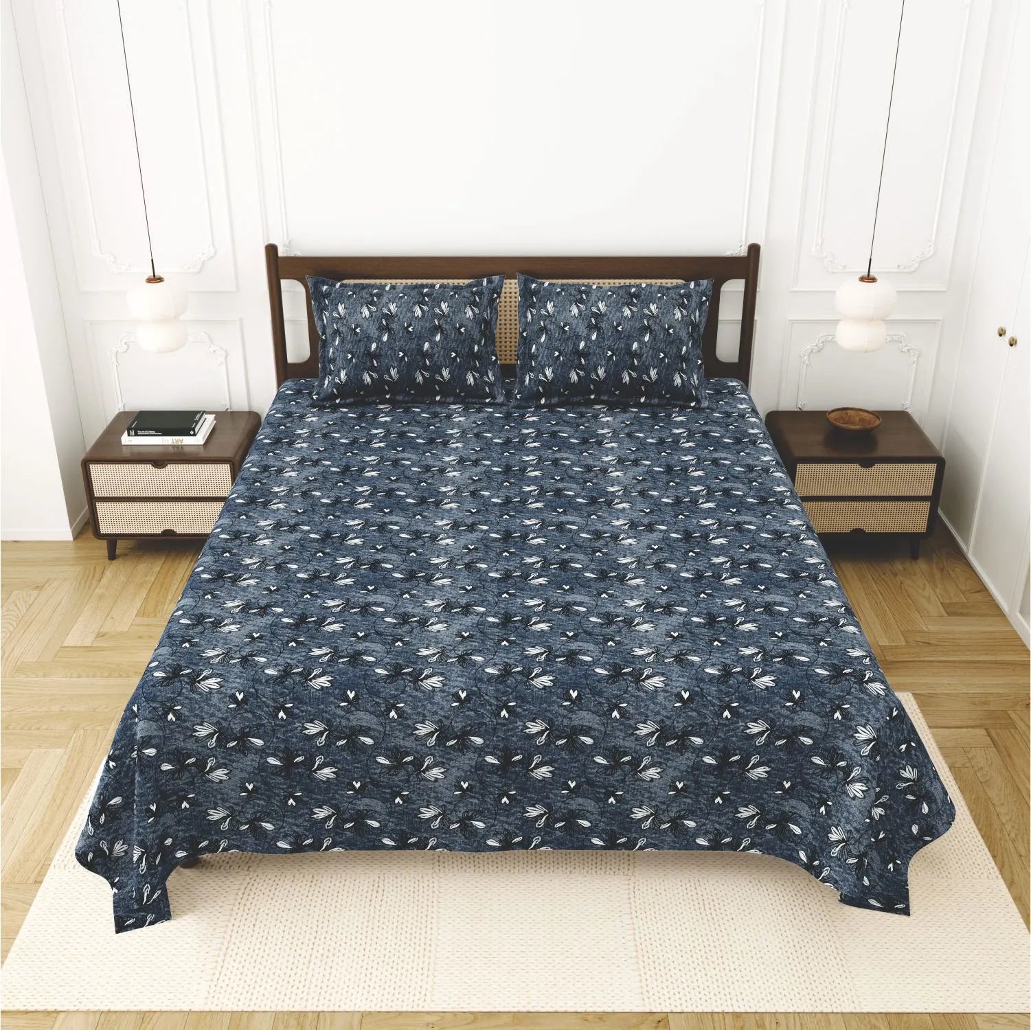 Dream Weaverz Cotton King Flat 220 TC Abstract 1 Bedsheet with 2 Pillow Covers (Deep blue)
