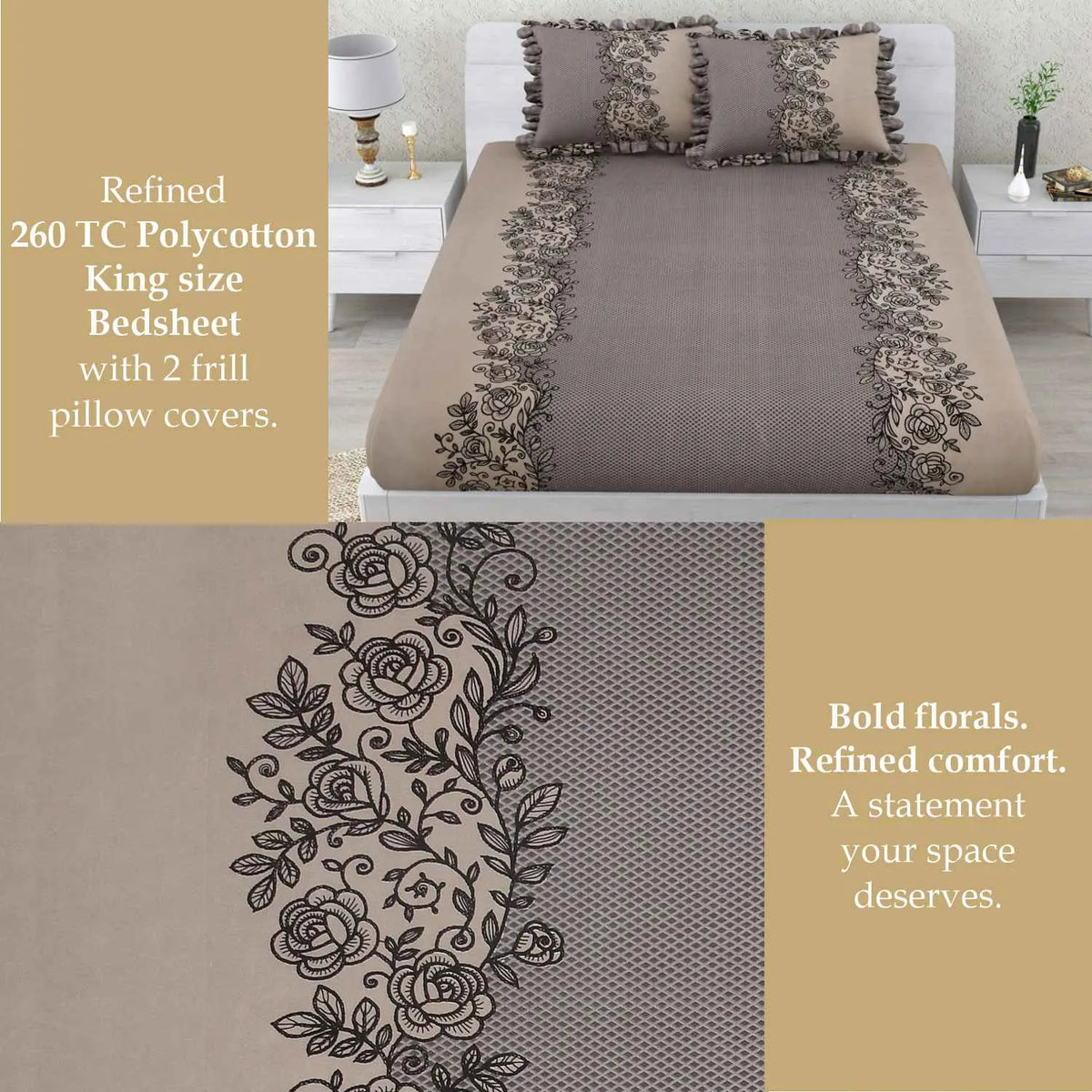 Dream Weaverz Home Polycotton Double Fitted (Elastic) 260 TC Abstract 1 Bedsheet with 2 Pillow Covers (Grey)