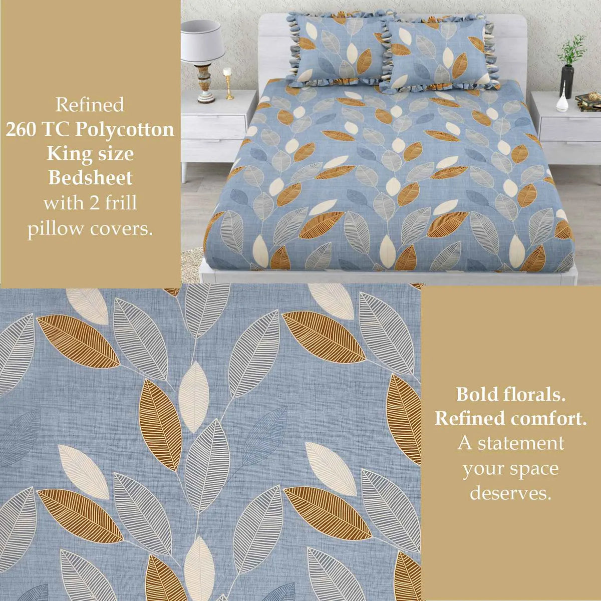 Dream Weaverz Home Polycotton Double Fitted (Elastic) 260 TC Abstract 1 Bedsheet with 2 Pillow Covers (Blue)