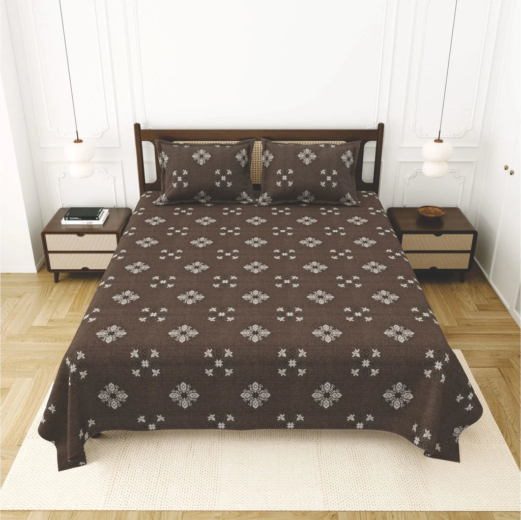 Dream Weaverz Cotton King Flat 220 TC Abstract 1 Bedsheet with 2 Pillow Covers (Dark brown)