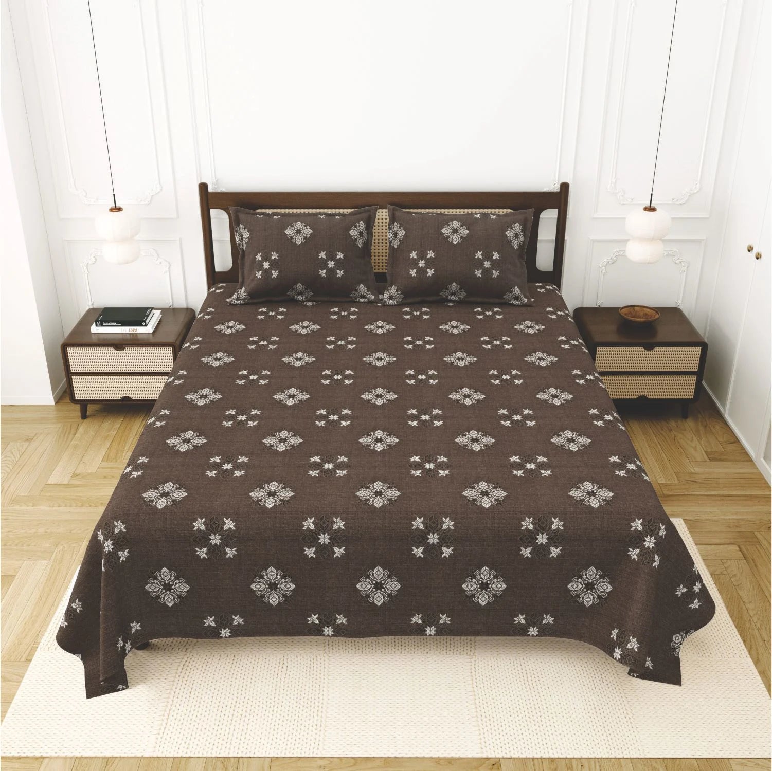 Dream Weaverz Cotton King Flat 220 TC Abstract 1 Bedsheet with 2 Pillow Covers (Dark brown)