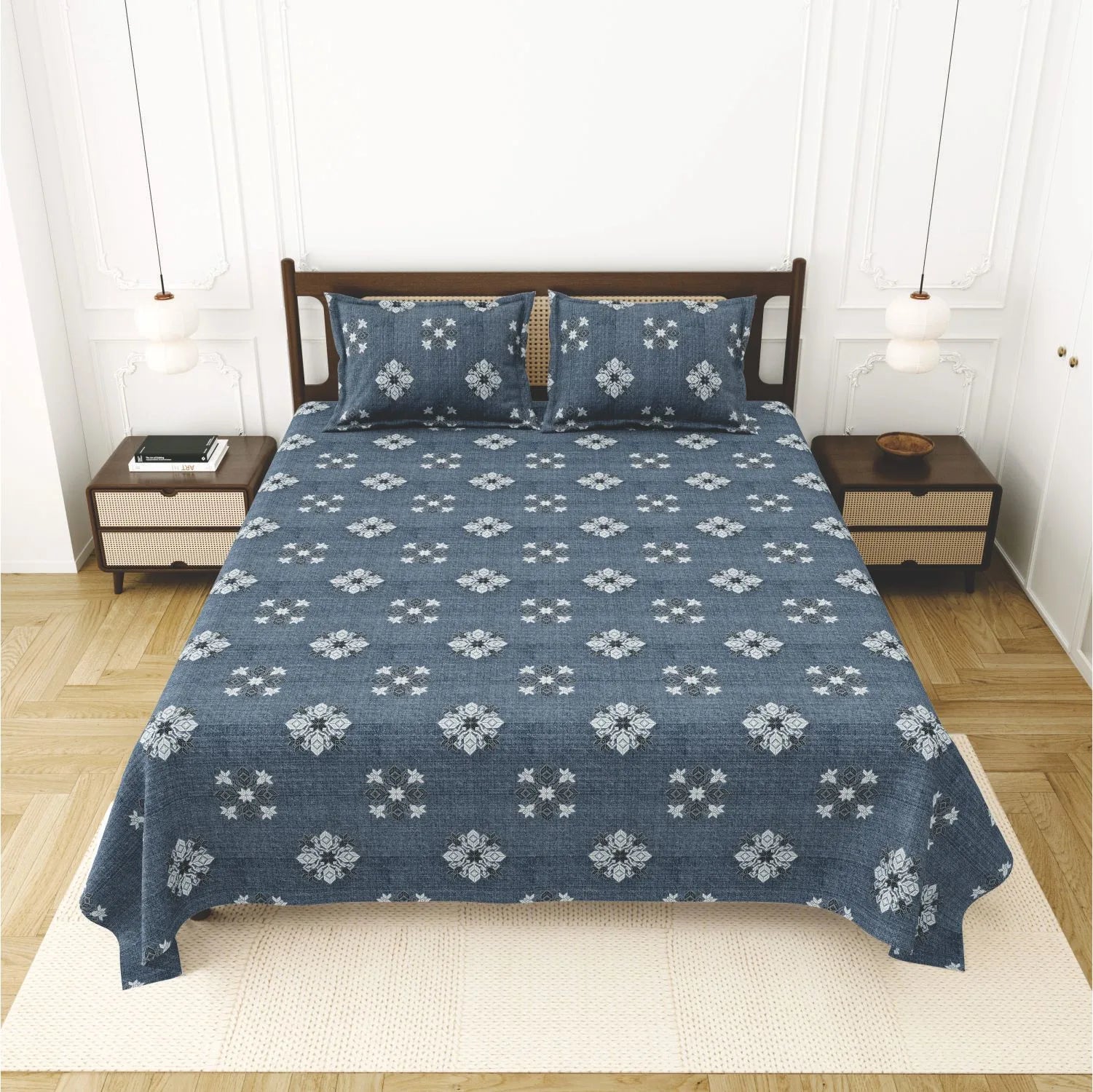 Dream Weaverz Cotton King Flat 220 TC Abstract 1 Bedsheet with 2 Pillow Covers (Slate blue)
