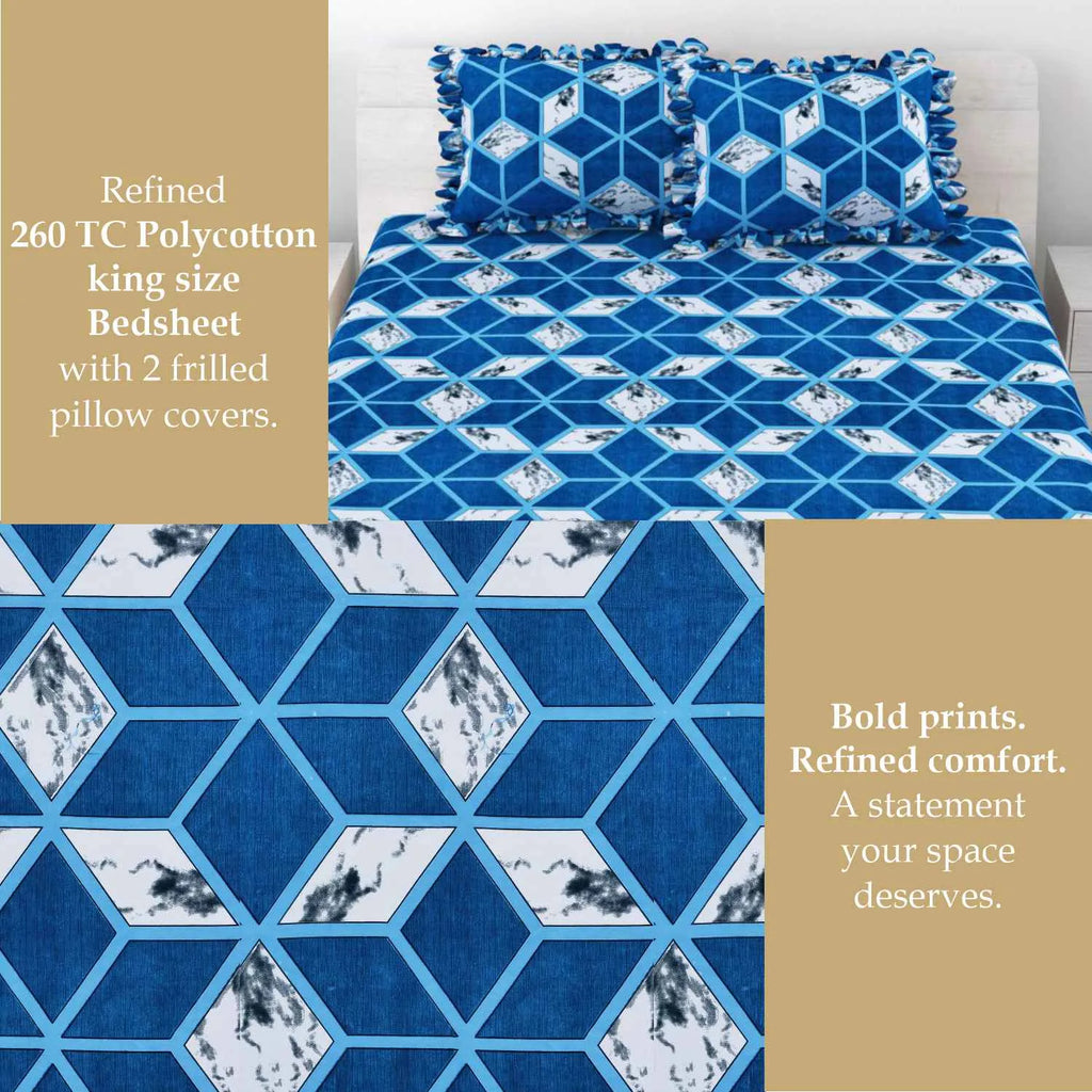 Dream Weaverz Home Polycotton King Fitted (Elastic) 260 TC Abstract 1 Bedsheet with 2 Pillow Covers (Blue-White)