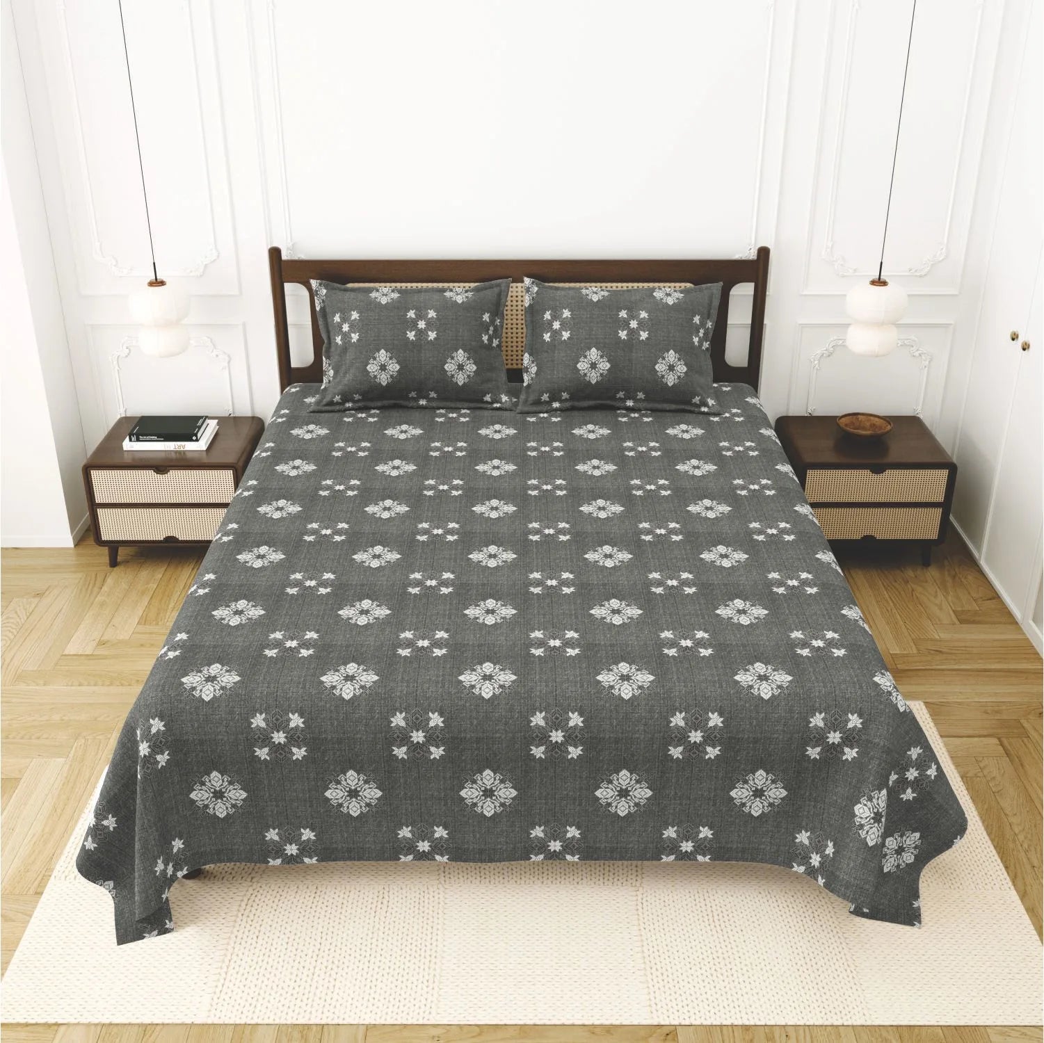 Dream Weaverz Cotton King Flat 220 TC Abstract 1 Bedsheet with 2 Pillow Covers (Slate grey)