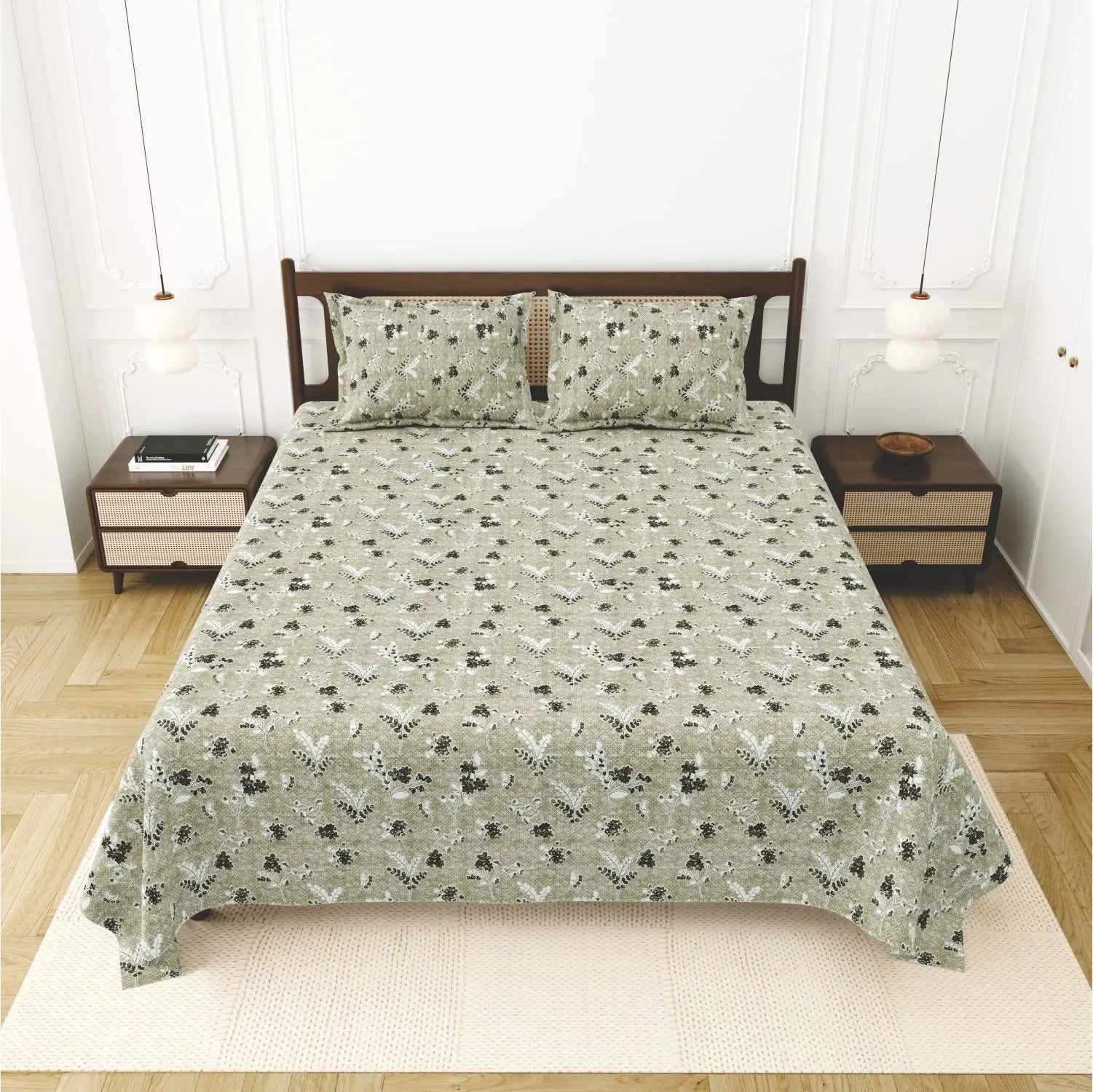 Dream Weaverz Cotton King Flat 220 TC Abstract 1 Bedsheet with 2 Pillow Covers (Sage green)