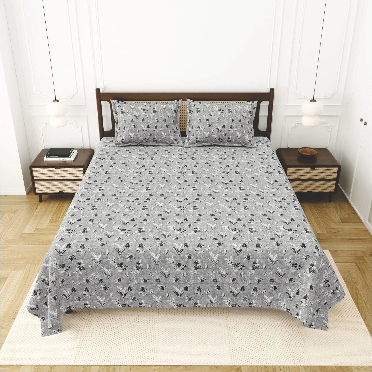 Dream Weaverz Cotton King Flat 220 TC Abstract 1 Bedsheet with 2 Pillow Covers (Dove Grey)