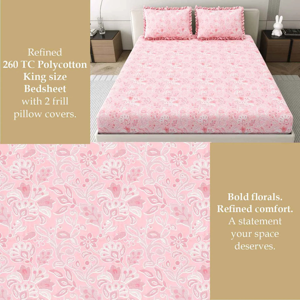 Dream Weaverz Home Polycotton King Fitted (Elastic) 260 TC Floral 1 Bedsheet with 2 Pillow Covers (Pink)