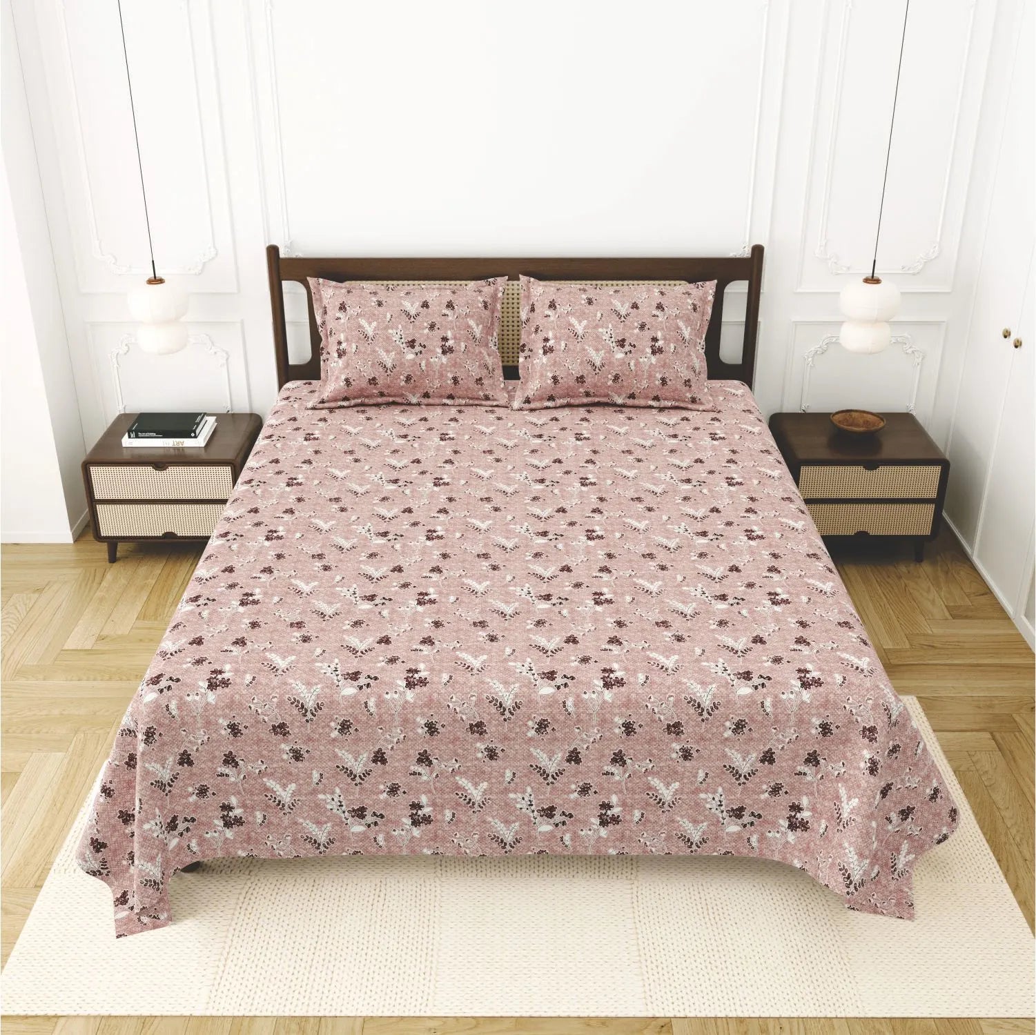 Dream Weaverz Cotton King Flat 220 TC Abstract 1 Bedsheet with 2 Pillow Covers (Dusty rose)