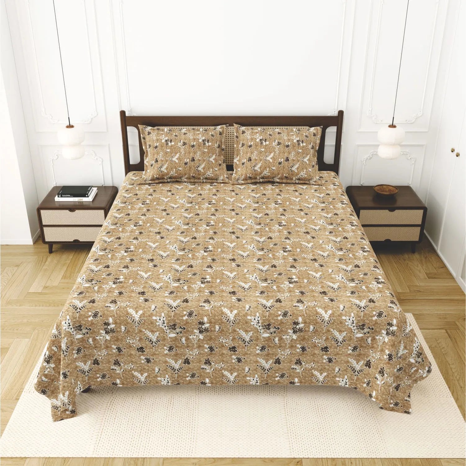 Dream Weaverz Cotton King Flat 220 TC Abstract 1 Bedsheet with 2 Pillow Covers (Camel)