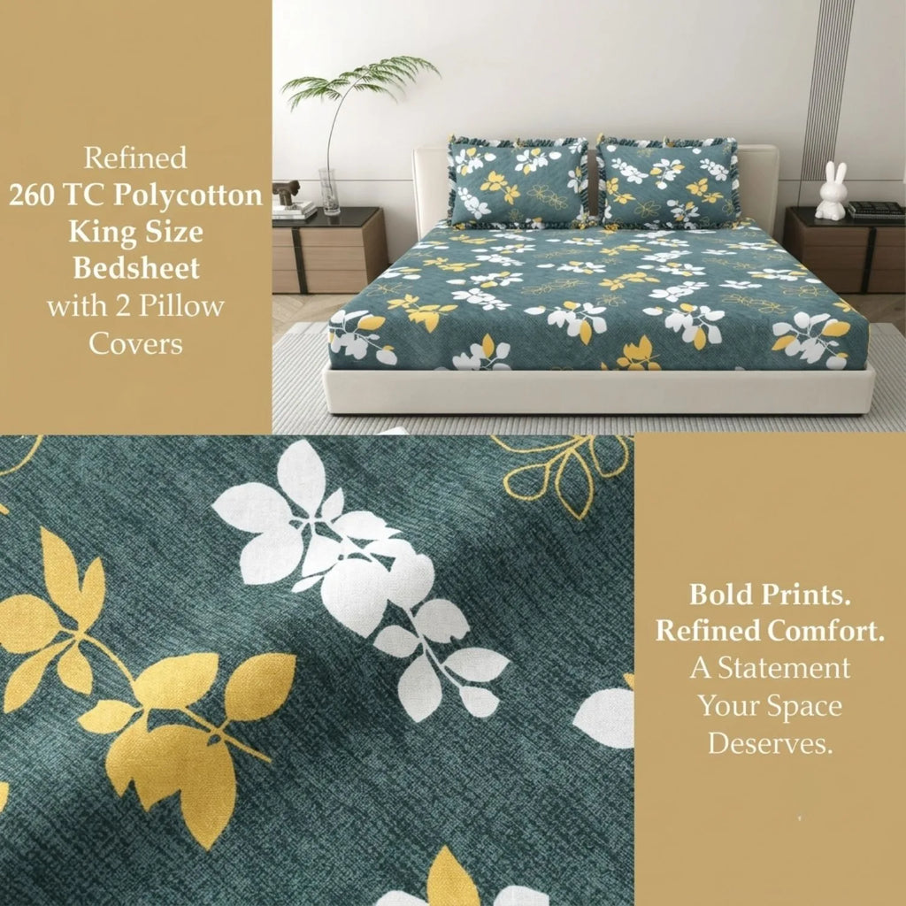 Dream Weaverz Home Polycotton King Fitted (Elastic) 260 TC Floral 1 Bedsheet with 2 Pillow Covers (Dark Green-White)
