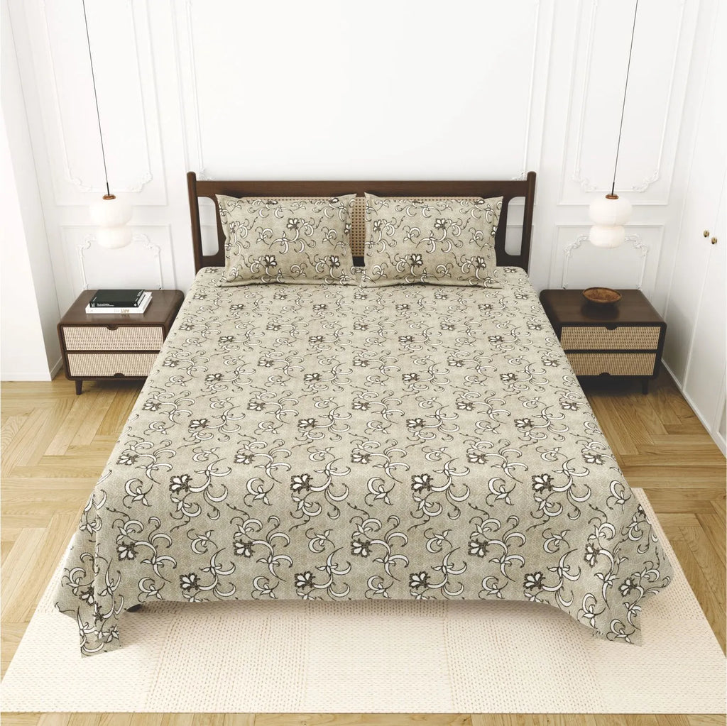 Dream Weaverz Cotton King Flat 220 TC Abstract 1 Bedsheet with 2 Pillow Covers (Beige)