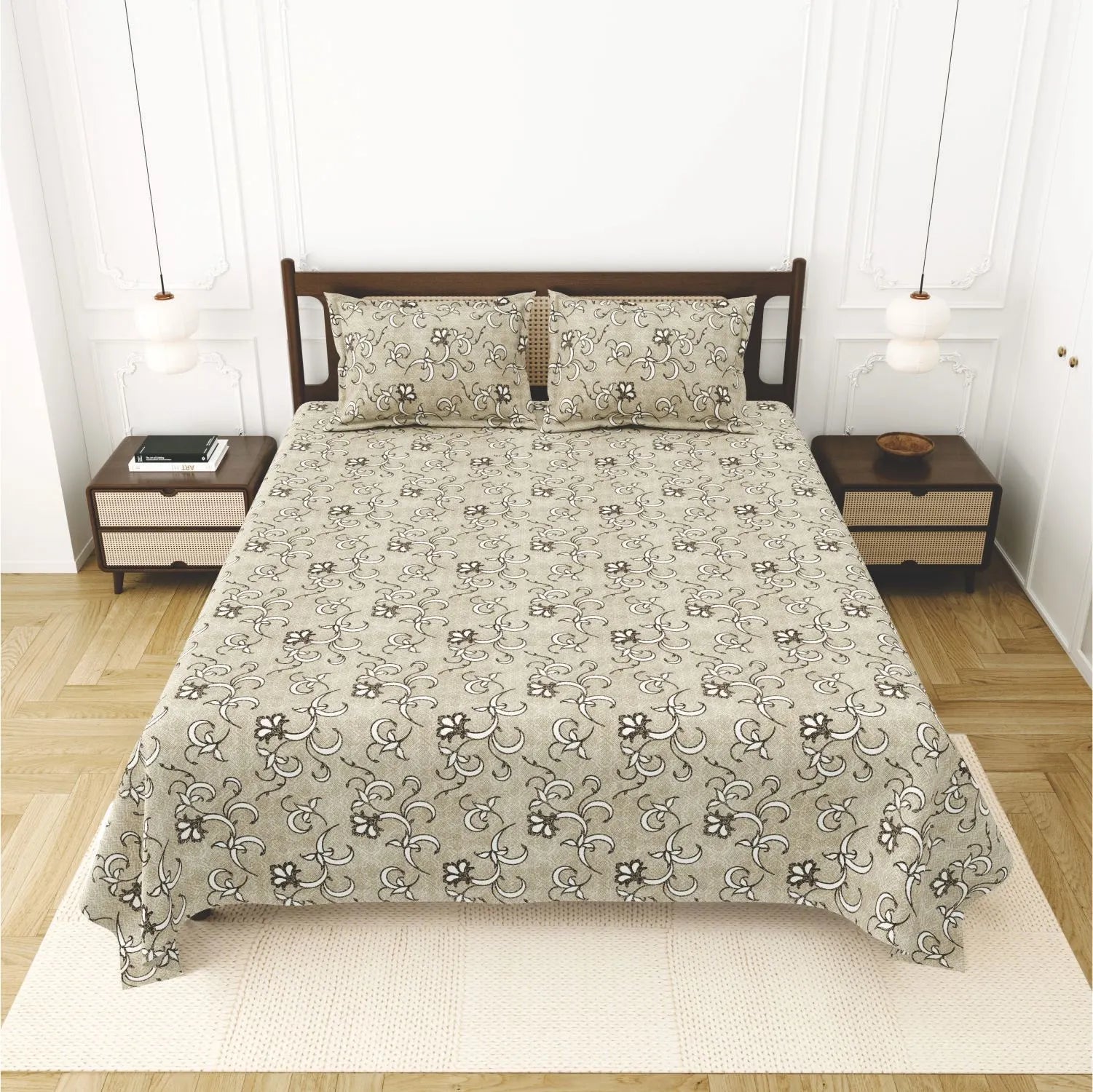 Dream Weaverz Cotton King Flat 220 TC Abstract 1 Bedsheet with 2 Pillow Covers (Beige)