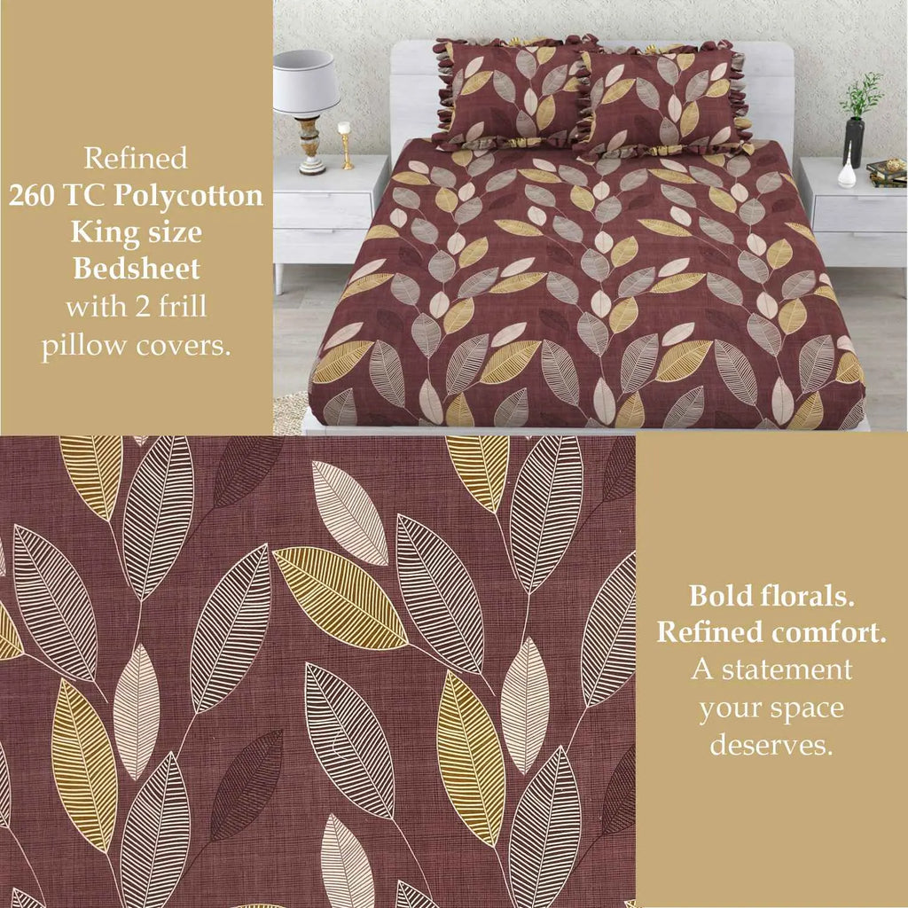 Dream Weaverz Home Polycotton Double Fitted (Elastic) 260 TC Abstract 1 Bedsheet with 2 Pillow Covers (Brown)