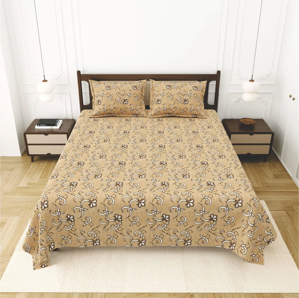 Dream Weaverz Cotton King Flat 220 TC Abstract 1 Bedsheet with 2 Pillow Covers (Beige -white)