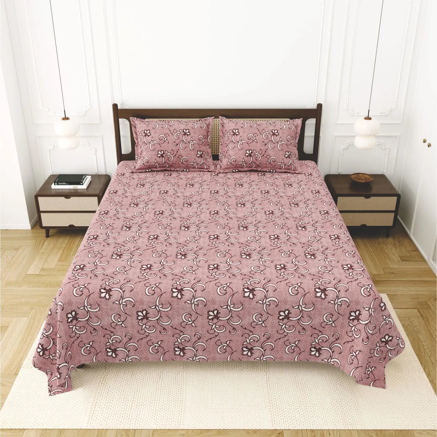 Dream Weaverz Cotton King Flat 220 TC Abstract 1 Bedsheet with 2 Pillow Covers (Mauve)