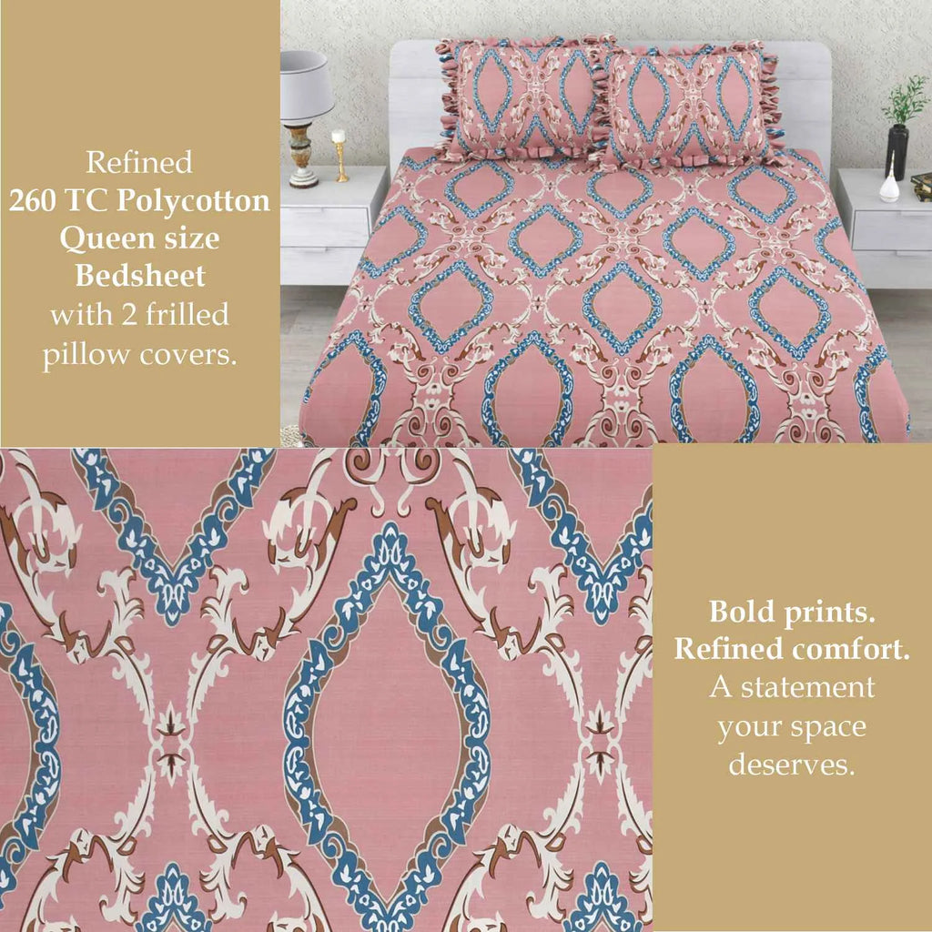 Dream Weaverz Polycotton Double Fitted (Elastic) 260 TC Abstract 1 Bedsheet with 2 Pillow Covers (Maroon)