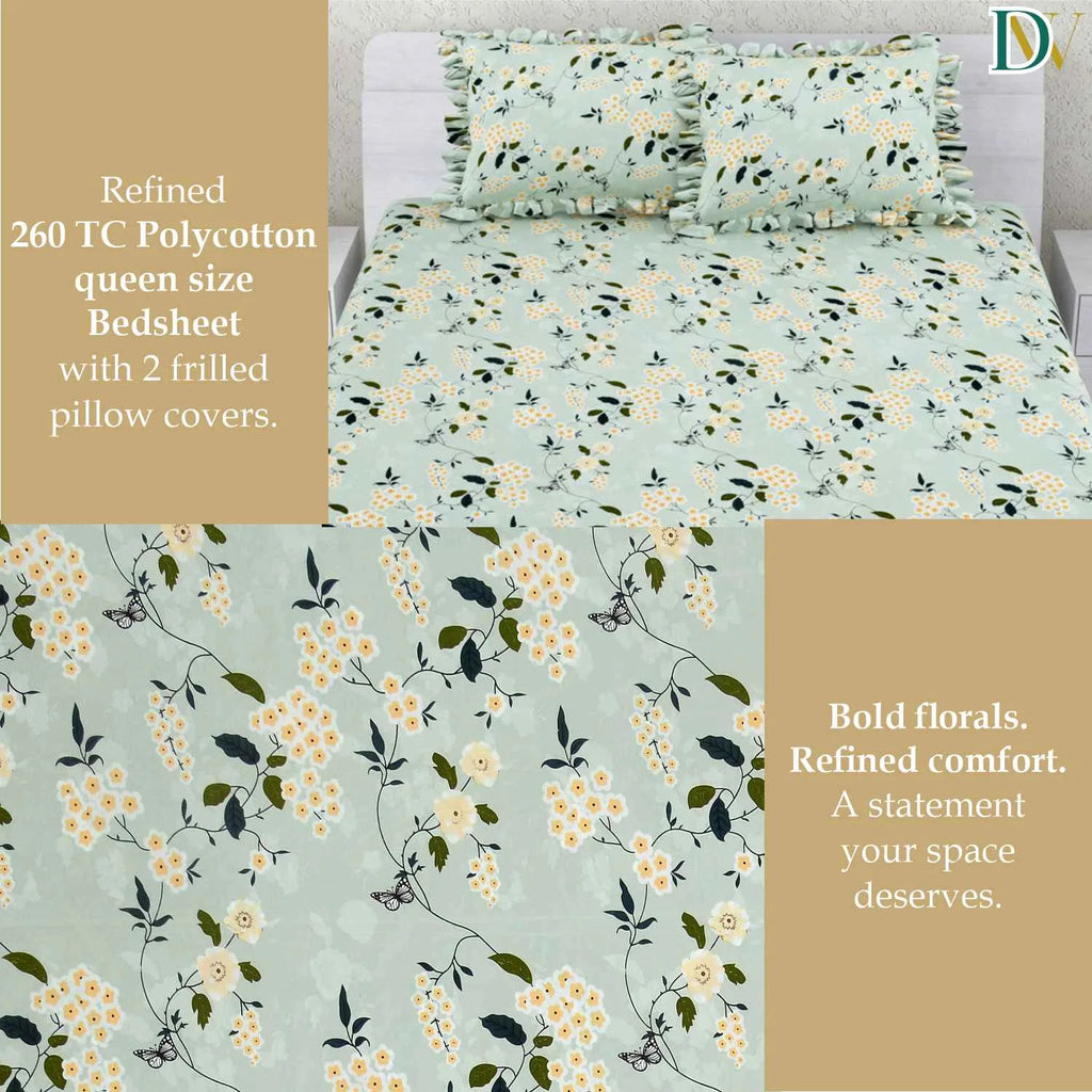 Dream Weaverz Polycotton Double Fitted (Elastic) 260 TC Floral 1 Bedsheet with 2 Pillow Covers (Green)