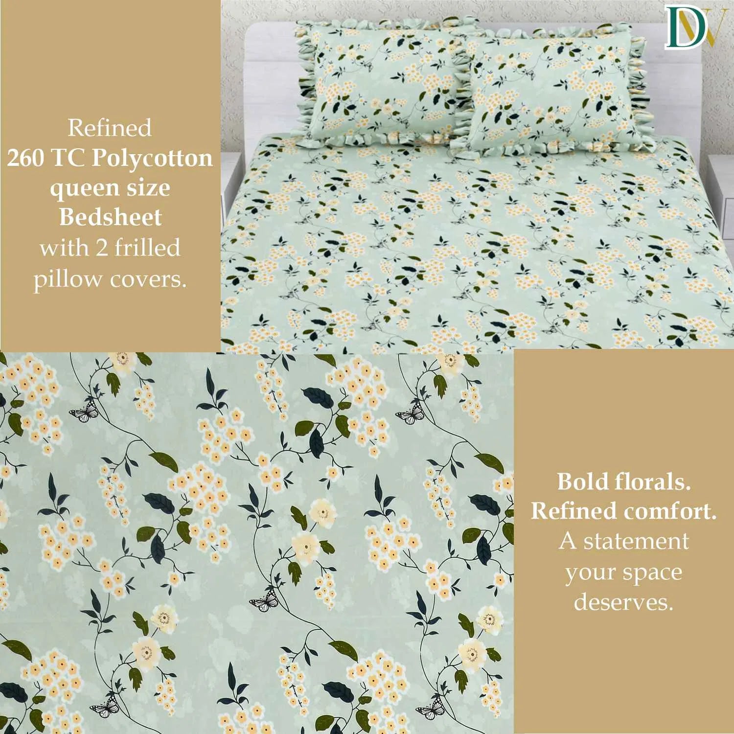 Dream Weaverz Polycotton Double Fitted (Elastic) 260 TC Floral 1 Bedsheet with 2 Pillow Covers (Green)