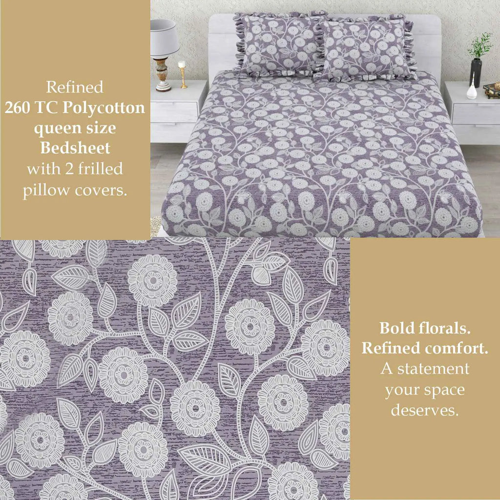 Dream Weaverz Polycotton Double Fitted (Elastic) 260 TC Abstract 1 Bedsheet with 2 Pillow Covers (Grey)