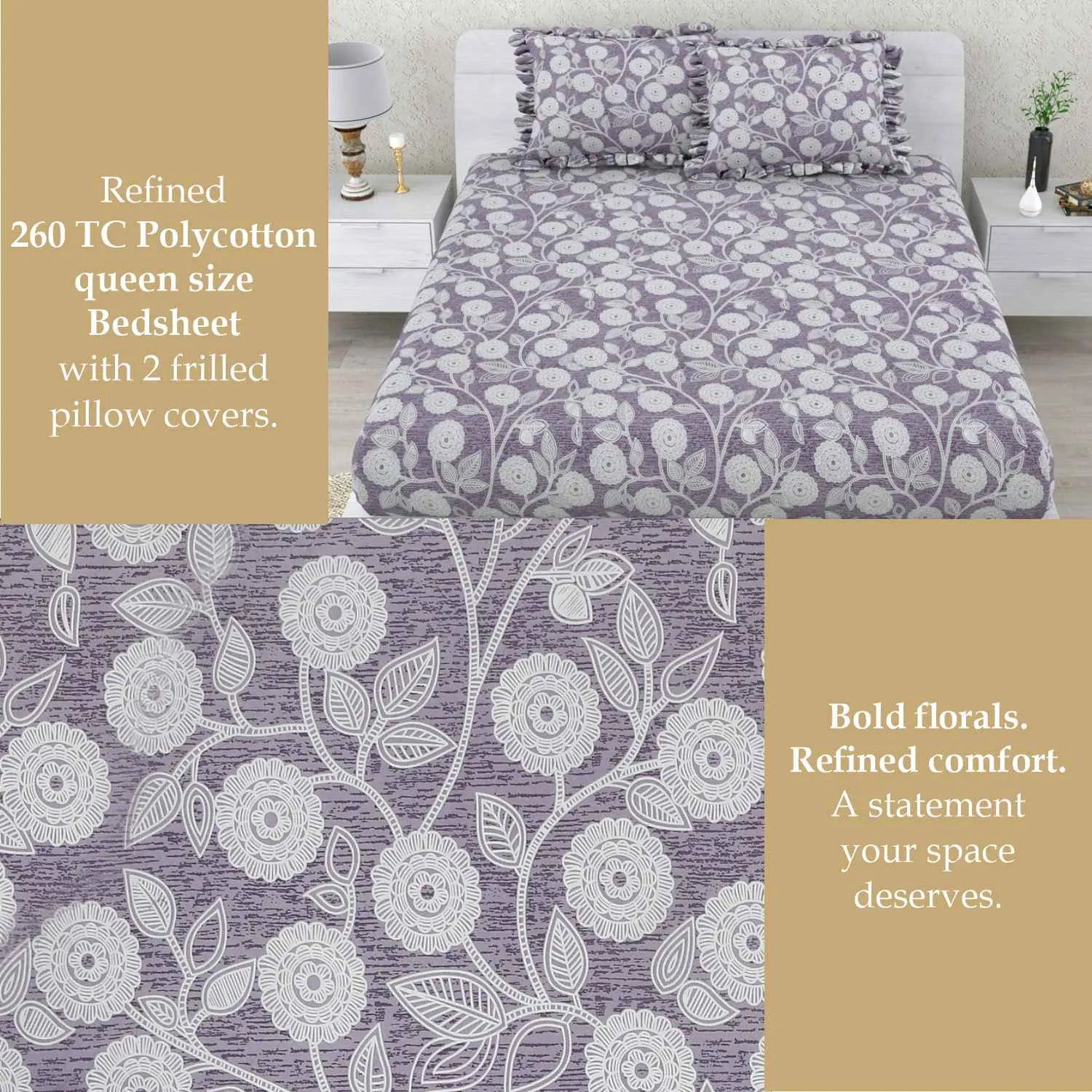 Dream Weaverz Polycotton Double Fitted (Elastic) 260 TC Abstract 1 Bedsheet with 2 Pillow Covers (Grey)