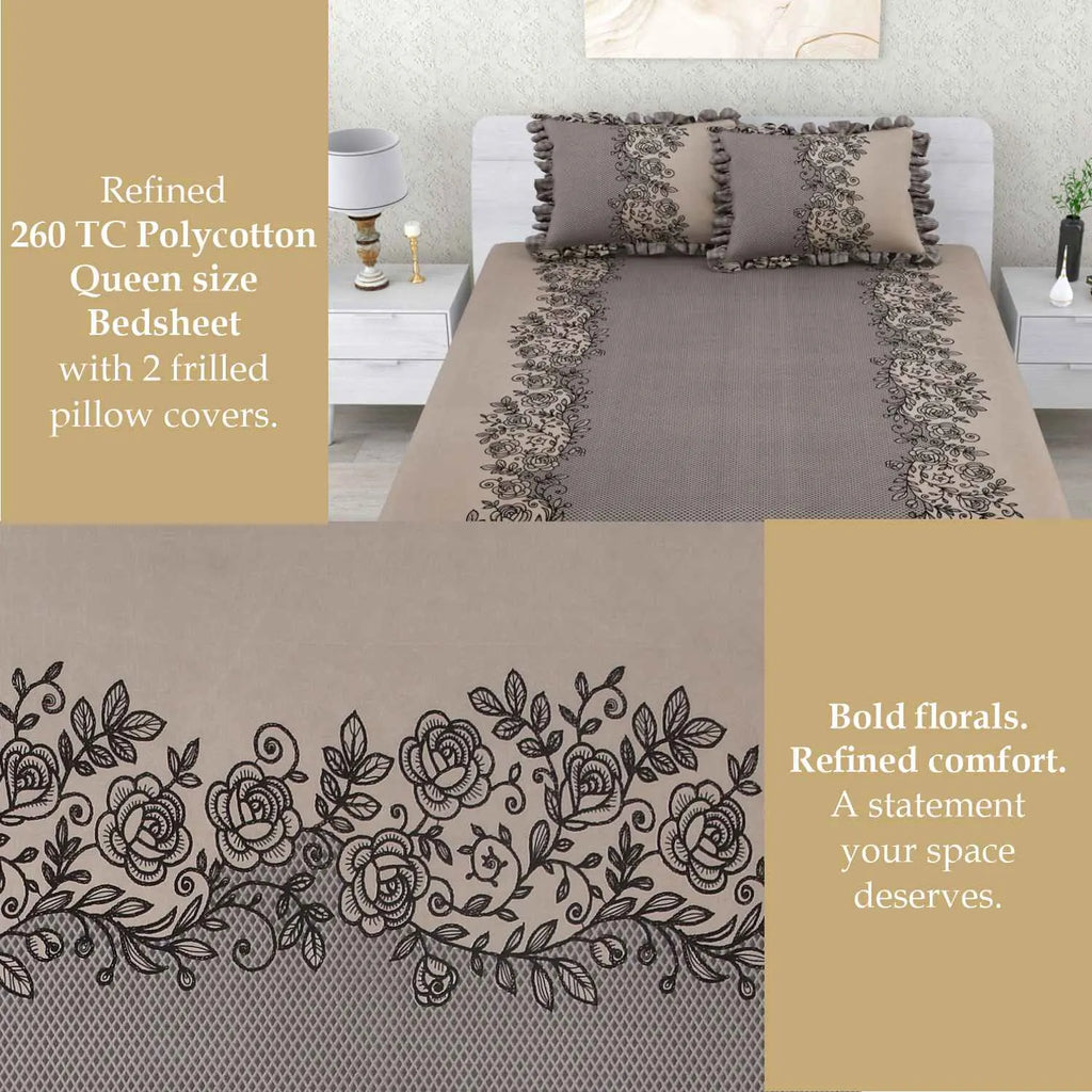Dream Weaverz Polycotton Double Fitted (Elastic) 260 TC Abstract 1 Bedsheet with 2 Pillow Covers (Grey)