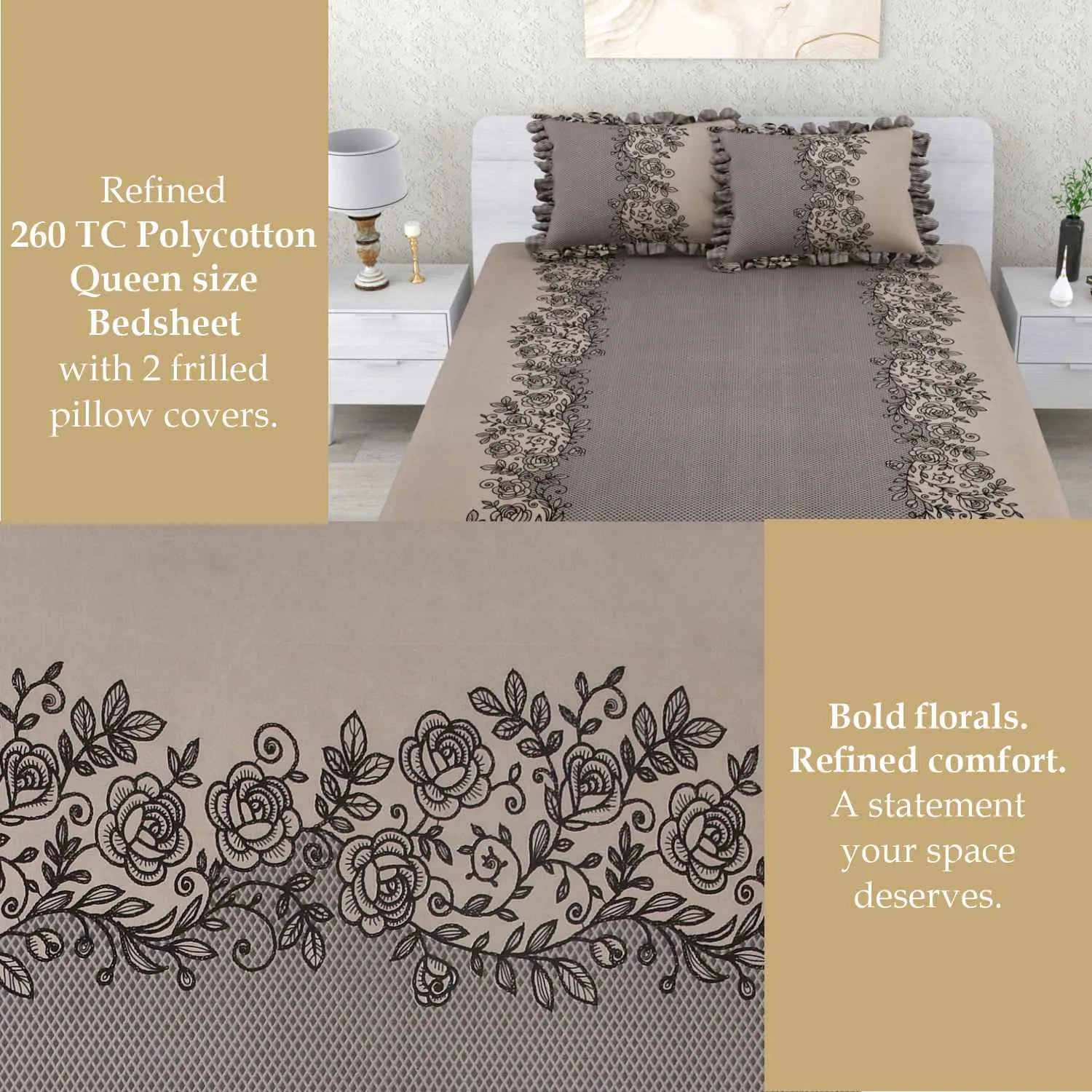 Dream Weaverz Polycotton Double Fitted (Elastic) 260 TC Abstract 1 Bedsheet with 2 Pillow Covers (Grey)