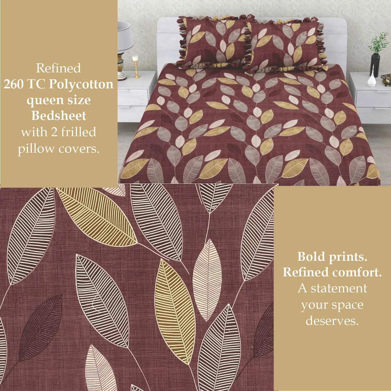 Dream Weaverz Polycotton Double Fitted (Elastic) 260 TC Abstract 1 Bedsheet with 2 Pillow Covers (Brown)