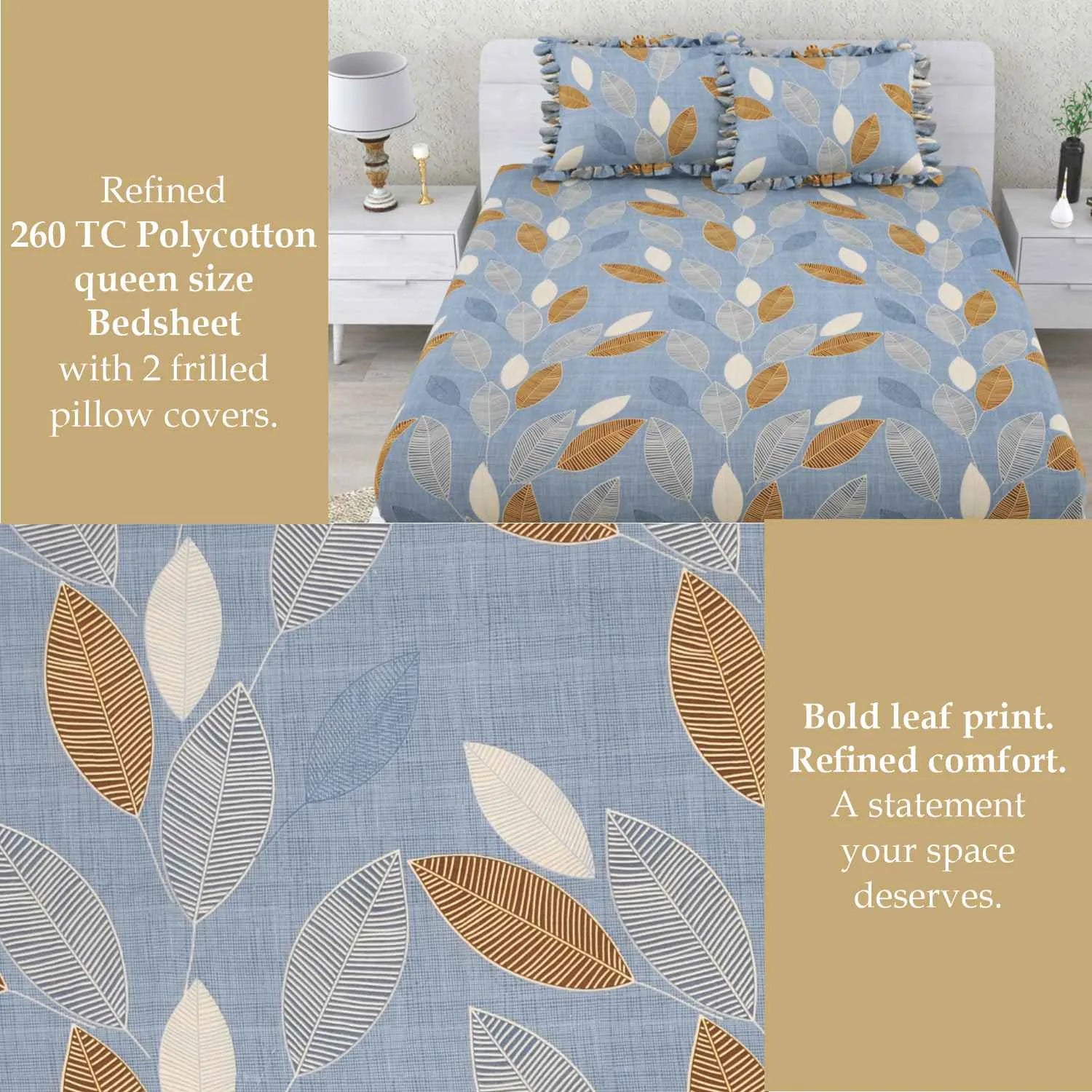 Dream Weaverz Polycotton Double Fitted (Elastic) 260 TC Abstract 1 Bedsheet with 2 Pillow Covers (Blue)