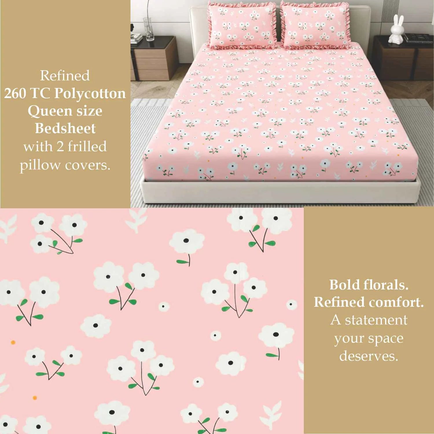 Dream Weaverz Polycotton King Fitted (Elastic) 260 TC Floral 1 Bedsheet with 2 Pillow Covers (Baby Pink)