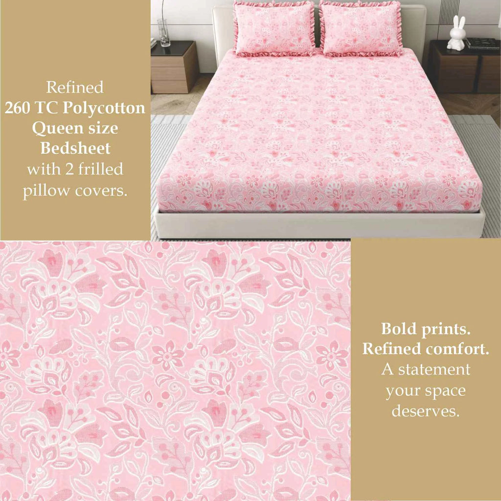 Dream Weaverz Polycotton King Fitted (Elastic) 260 TC Floral 1 Bedsheet with 2 Pillow Covers (Pink)