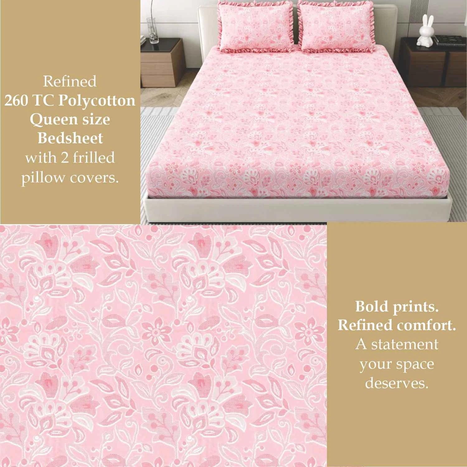 Dream Weaverz Polycotton King Fitted (Elastic) 260 TC Floral 1 Bedsheet with 2 Pillow Covers (Pink)