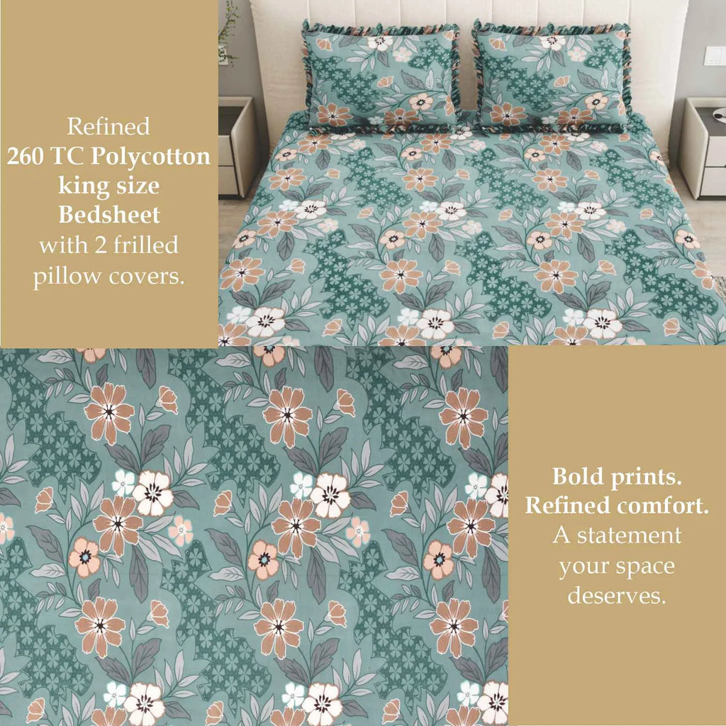 Dream Weaverz Home Polycotton King Fitted (Elastic) 260 TC Floral 1 Bedsheet (Green-Brown)