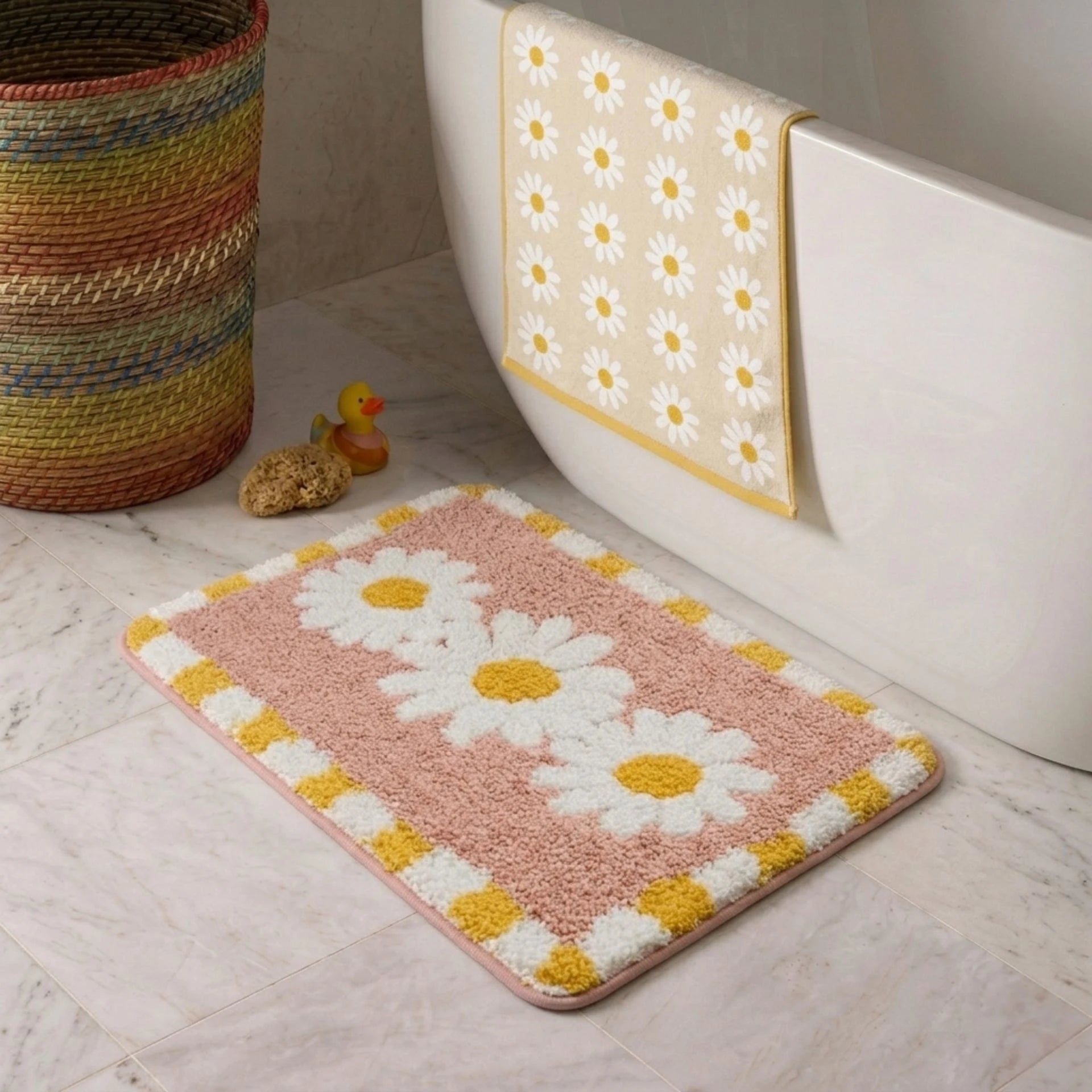 Dream Weaverz Microfiber Bathroom Mat (Pink-Yellow, Free)