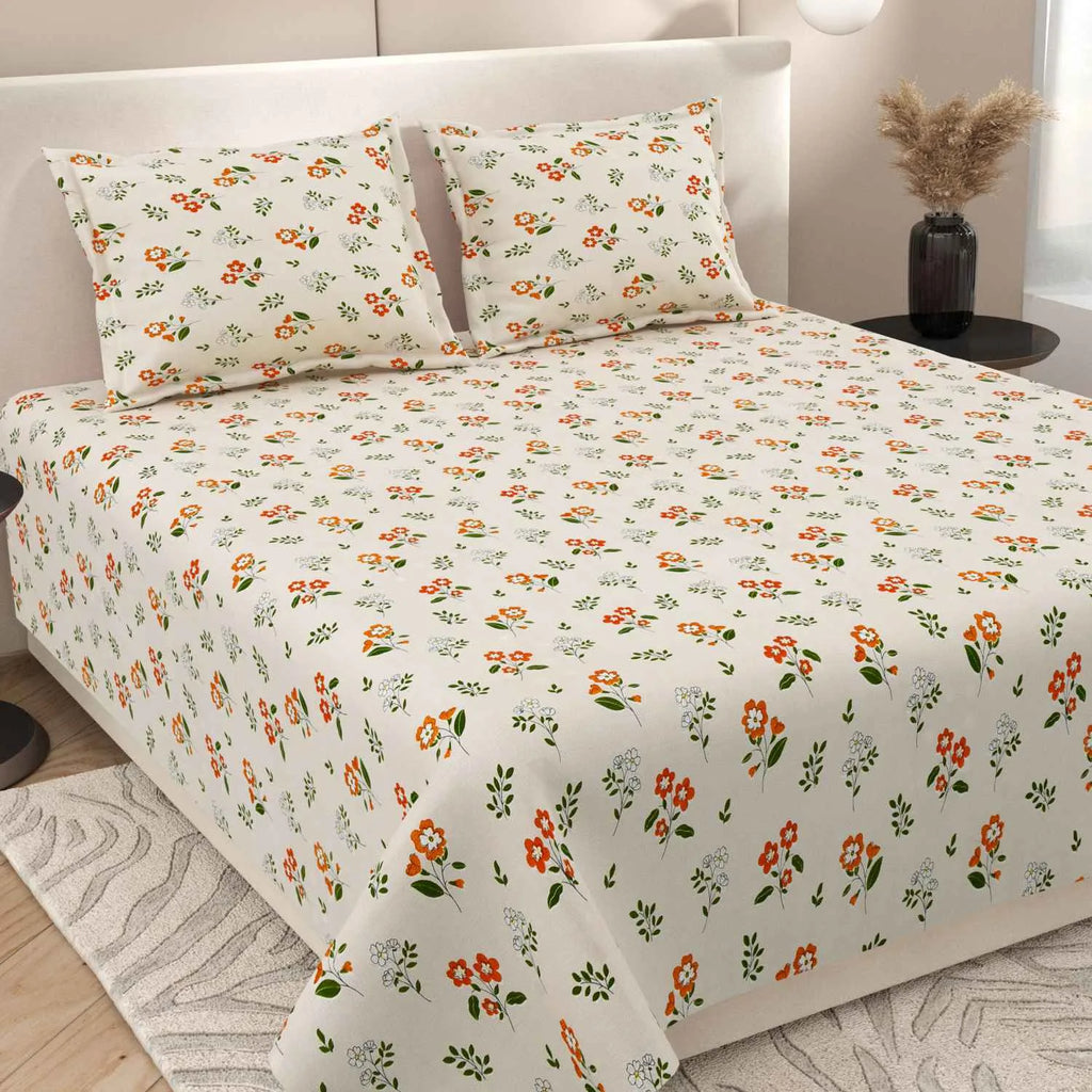 Dream Weaverz Cotton Super King Flat 220 TC Floral 1 Bedsheet with 2 Pillow Covers (Off White)