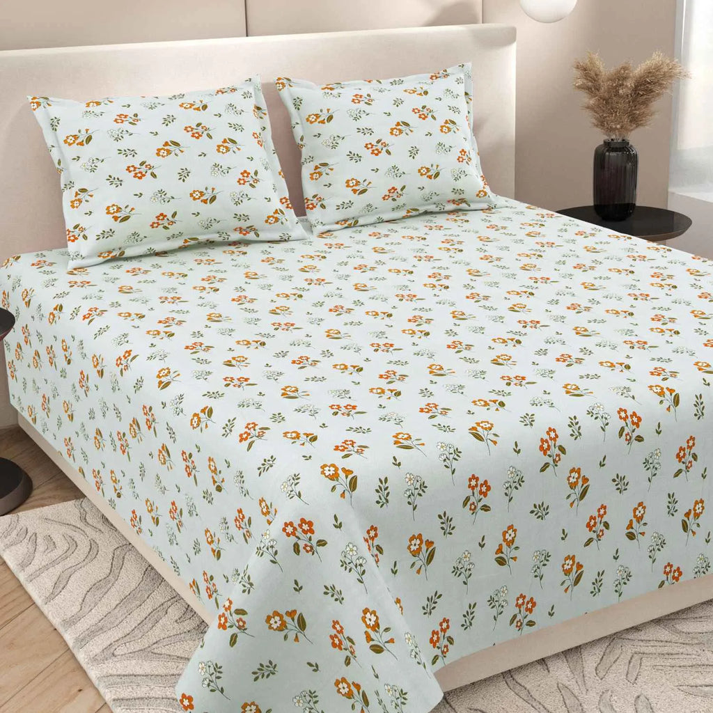 Dream Weaverz Cotton Super King Flat 220 TC Floral 1 Bedsheet with 2 Pillow Covers (Sky Blue-Orange)