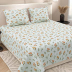 Dream Weaverz Cotton Super King Flat 220 TC Floral 1 Bedsheet with 2 Pillow Covers (Sky Blue-Orange)