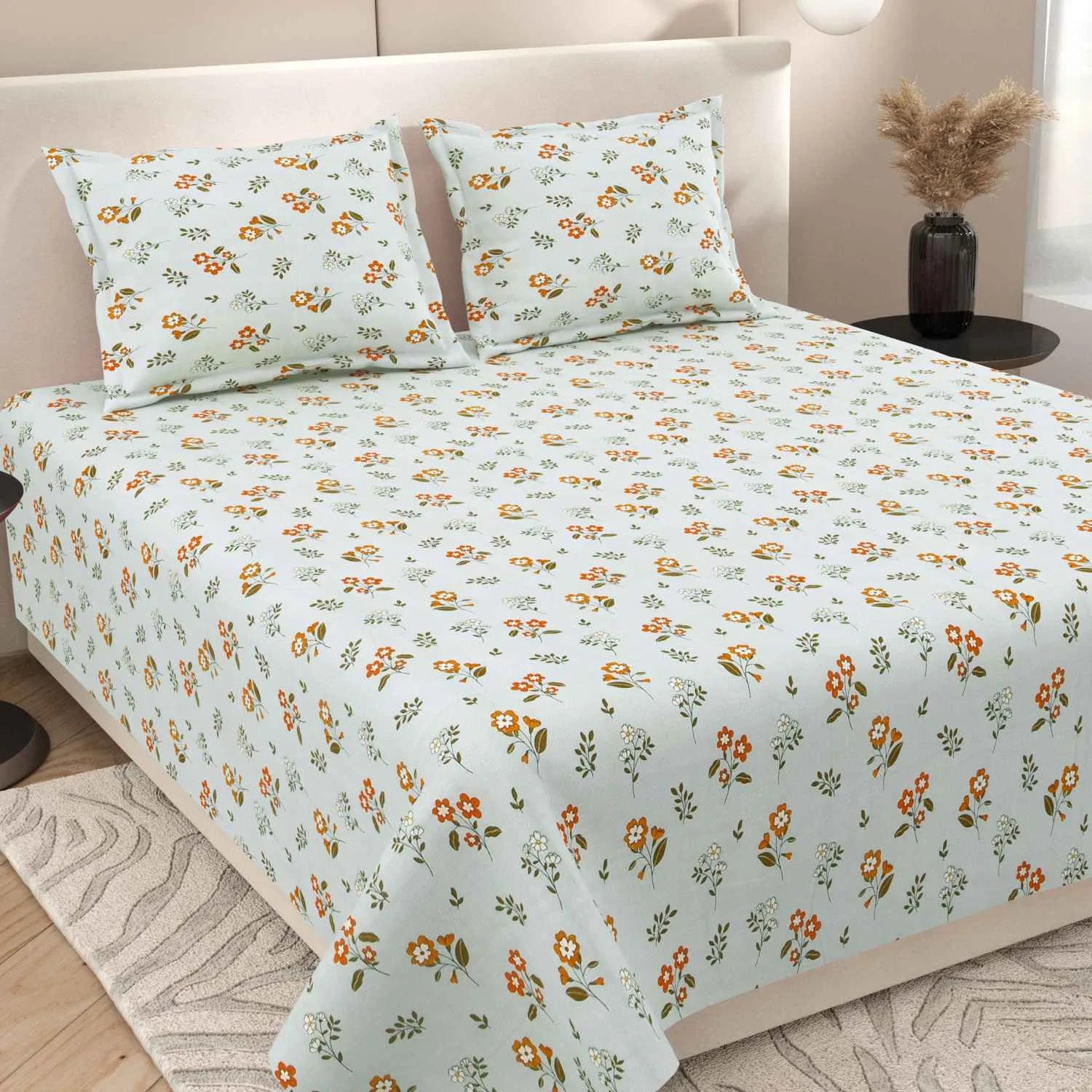 Dream Weaverz Cotton Super King Flat 220 TC Floral 1 Bedsheet with 2 Pillow Covers (Sky Blue-Orange)